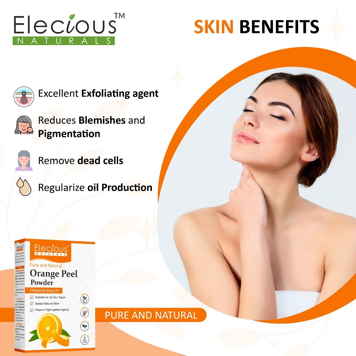 Elecious 100% Natural Orange Peel Powder for Skin & Face (200g) | Chemical-Free, Preservative-Free | Tan Removal, Face Cleansing & Glowing Skin | DIY Face Masks, Scrubs & Beauty Treatments