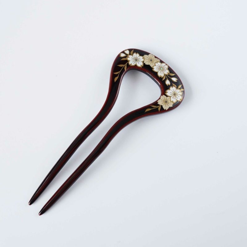 Handmade Japanese Kanzashi Hairpin - Pure Gold Maki-e Urushi Lacquer & Raden Mother of Pearl Inlay Cherry Blossom Design, Deep Dark Brown - Traditional Kyoto Hair Ornament for Weddings, Tea Ceremonies & Kimono Styling