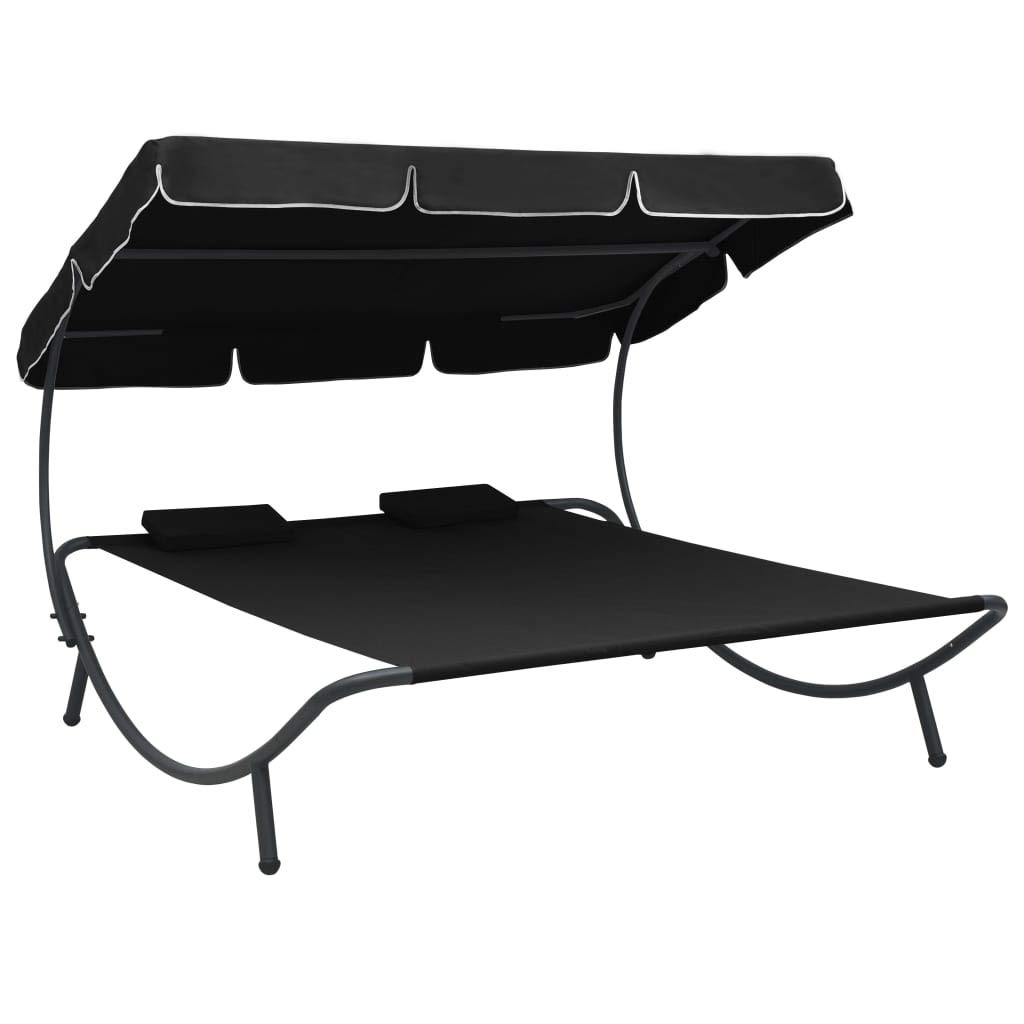 ZQQLVOO 2-Person Outdoor Patio Lounge Bed with Canopy & Pillows - Sunbed Daybed for Backyard, Poolside, Garden, Terrace, Porch - Weather-Resistant Black Outdoor Furniture for Relaxing & Sunbathing
