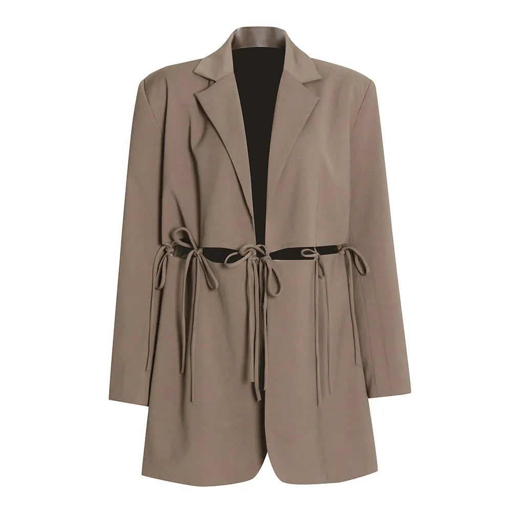 Women's Bandage Blazer - Notched Collar Long Sleeve Solid Minimalist Jacket | Office Wear, Business Casual & Formal Outfits