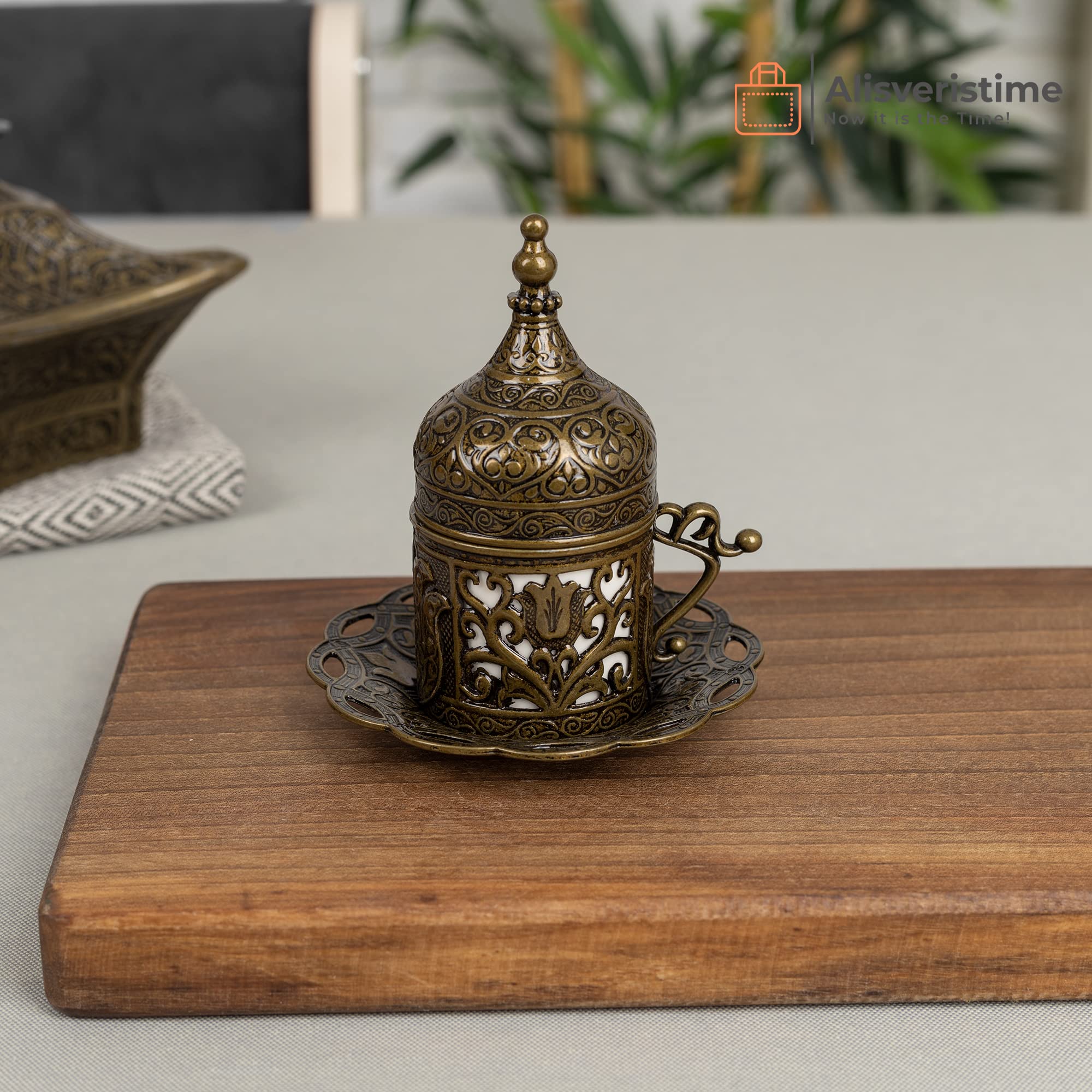 Authentic Green 6-Piece Turkish Espresso Coffee Cup Set with Saucers & Lids - Traditional Ottoman Tulip Motif (Lale) - Perfect for Home, Cafe & Gift Giving - Multiple Color Options Available