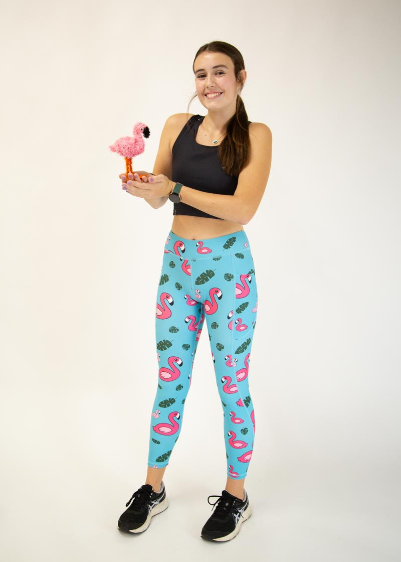 Women's Blue Flamingo Print Yoga Leggings - High Waisted Stretchy Workout Pants for Running, Gym & Lounge Wear
