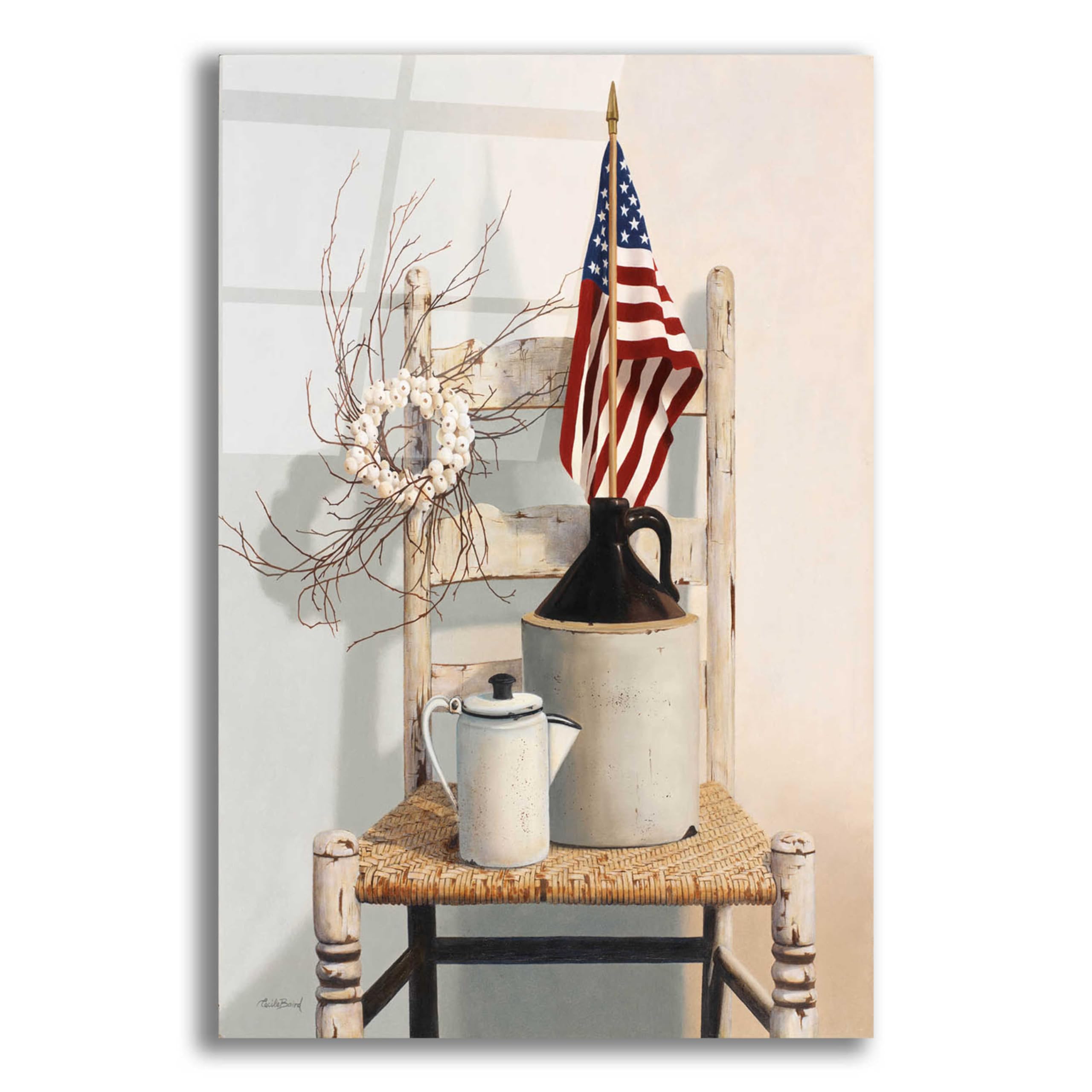 Epic Art 'Chair With Jug And Flag' by Cecile Baird - 16x24 Inch Acrylic Glass Wall Art Painting - Modern Home Decor for Living Room, Bedroom & Office