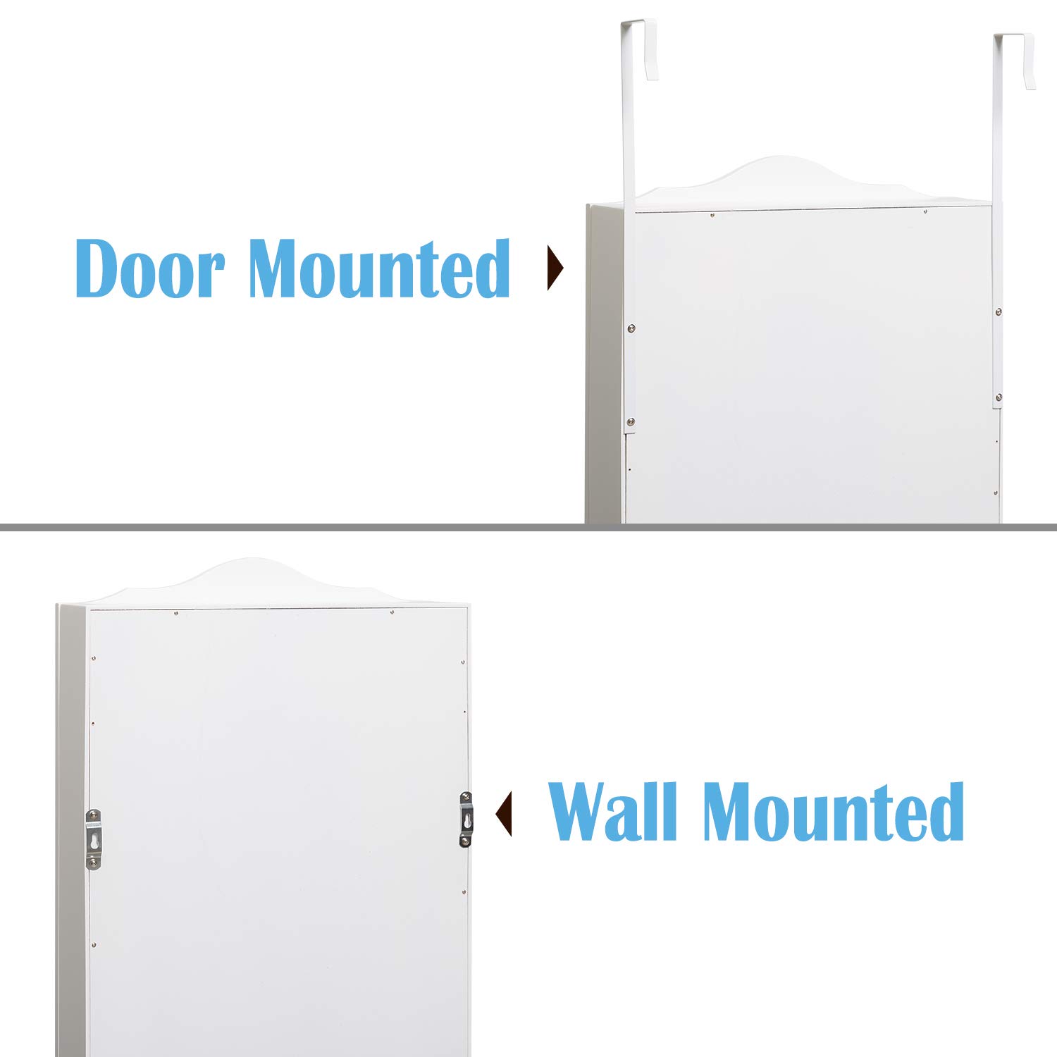 Lockable Wall Mount Jewelry Cabinet with Full Length Mirror & 2 Drawers - White Hanging Jewelry Armoire Organizer for Bedroom, Closet & Dressing Room