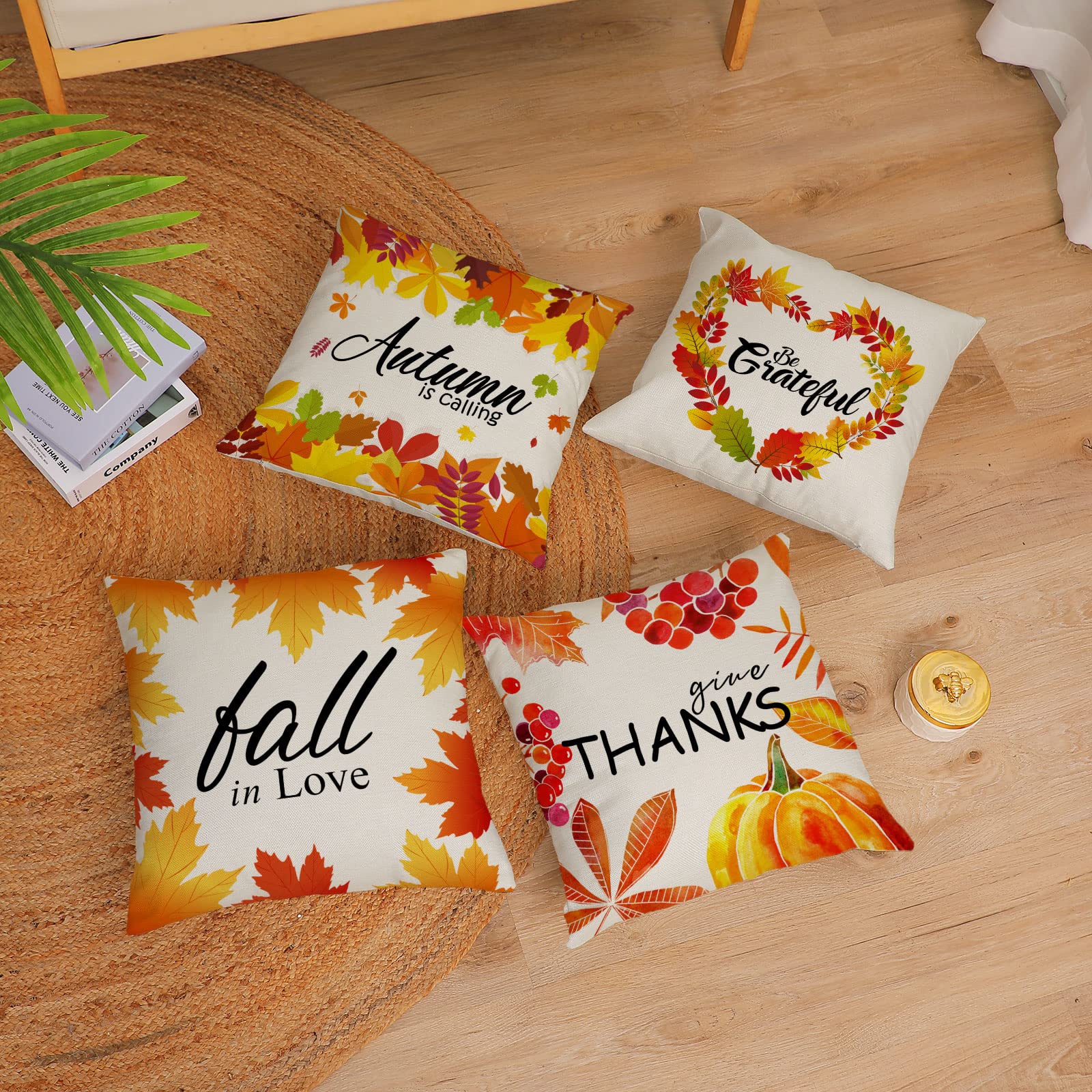 4 Pack Fall Pillow Covers 20x20 Inch - Thanksgiving Autumn Decor with Pumpkin & Leaf Patterns - Soft Decorative Throw Pillow Cases for Couch, Sofa, Bed - Perfect for Home, Living Room & Seasonal Decorations