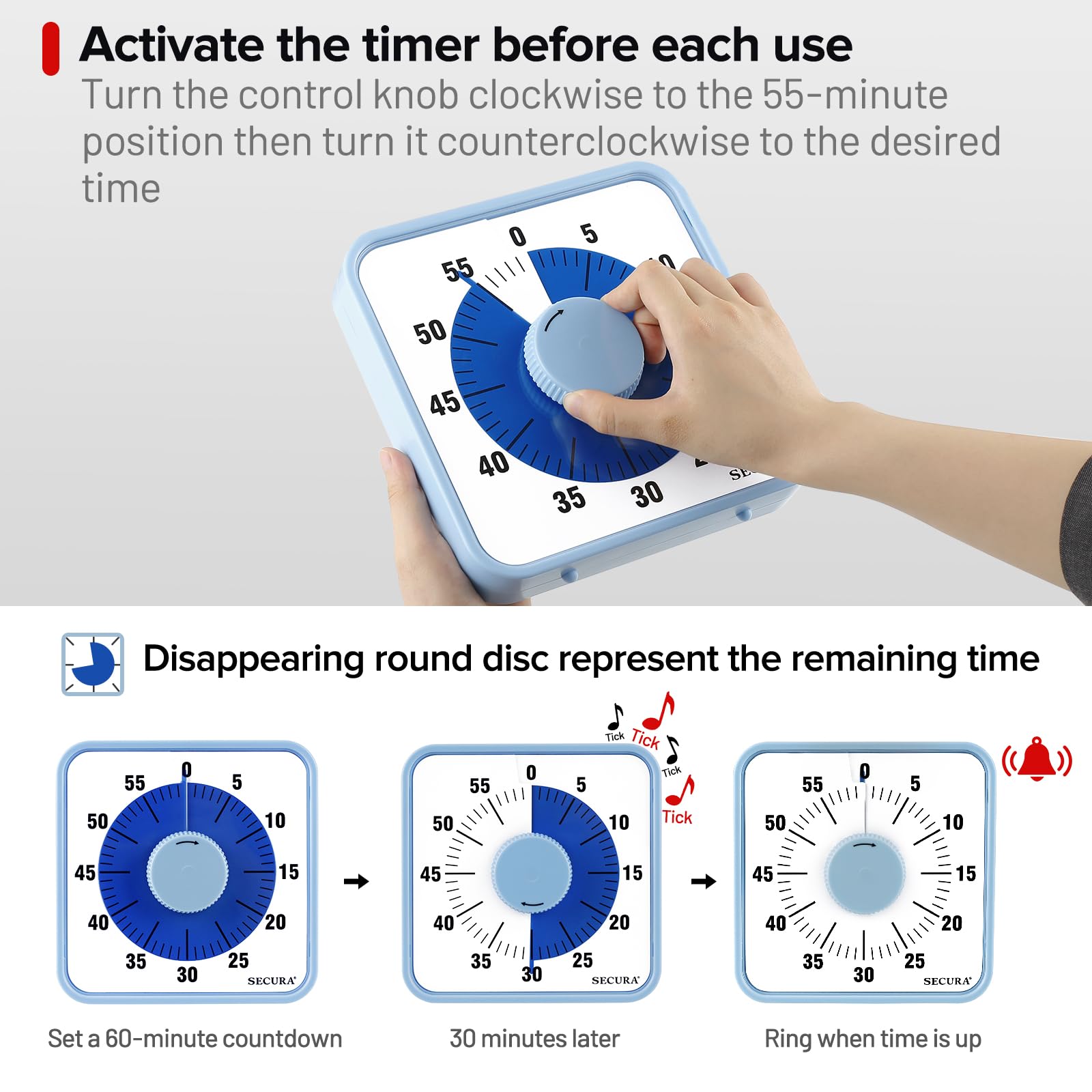 Secura 7.5 Inch Visual Timer - 60 Minute Oversized Countdown Clock for Kids & Adults - Durable Mechanical Time Management Tool (Blue) - Perfect for Classroom, Kitchen, Office & ADHD Focus Aid