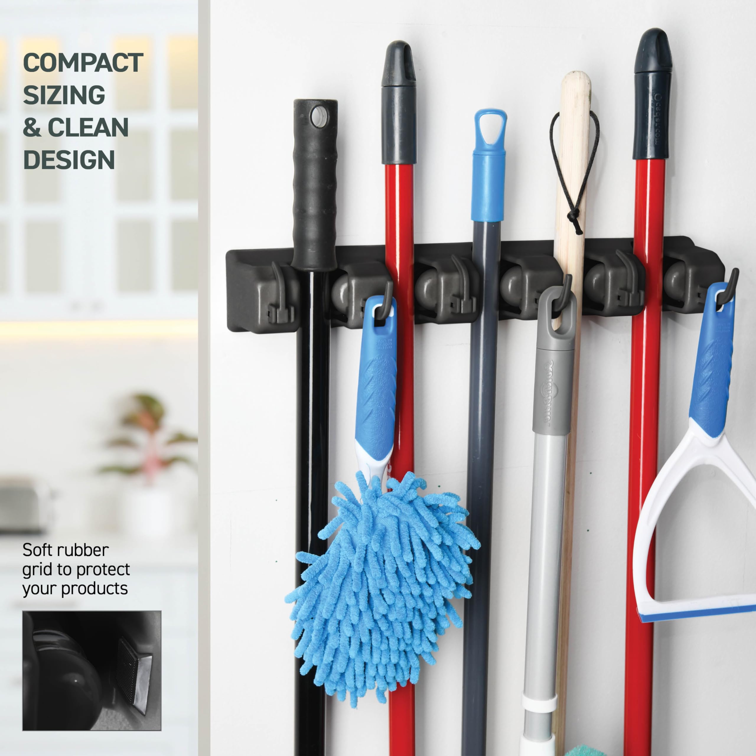 2 Pack Heavy Duty Wall Mount Mop and Broom Holder - 5 Slots & 6 Hooks Garage Storage Organizer with 7.5lbs Capacity Per Slot - Space Saving Solution for Home, Kitchen, Closet, Laundry Room - Perfect for Brooms, Mops, Rakes and Cleaning Tools (Black)