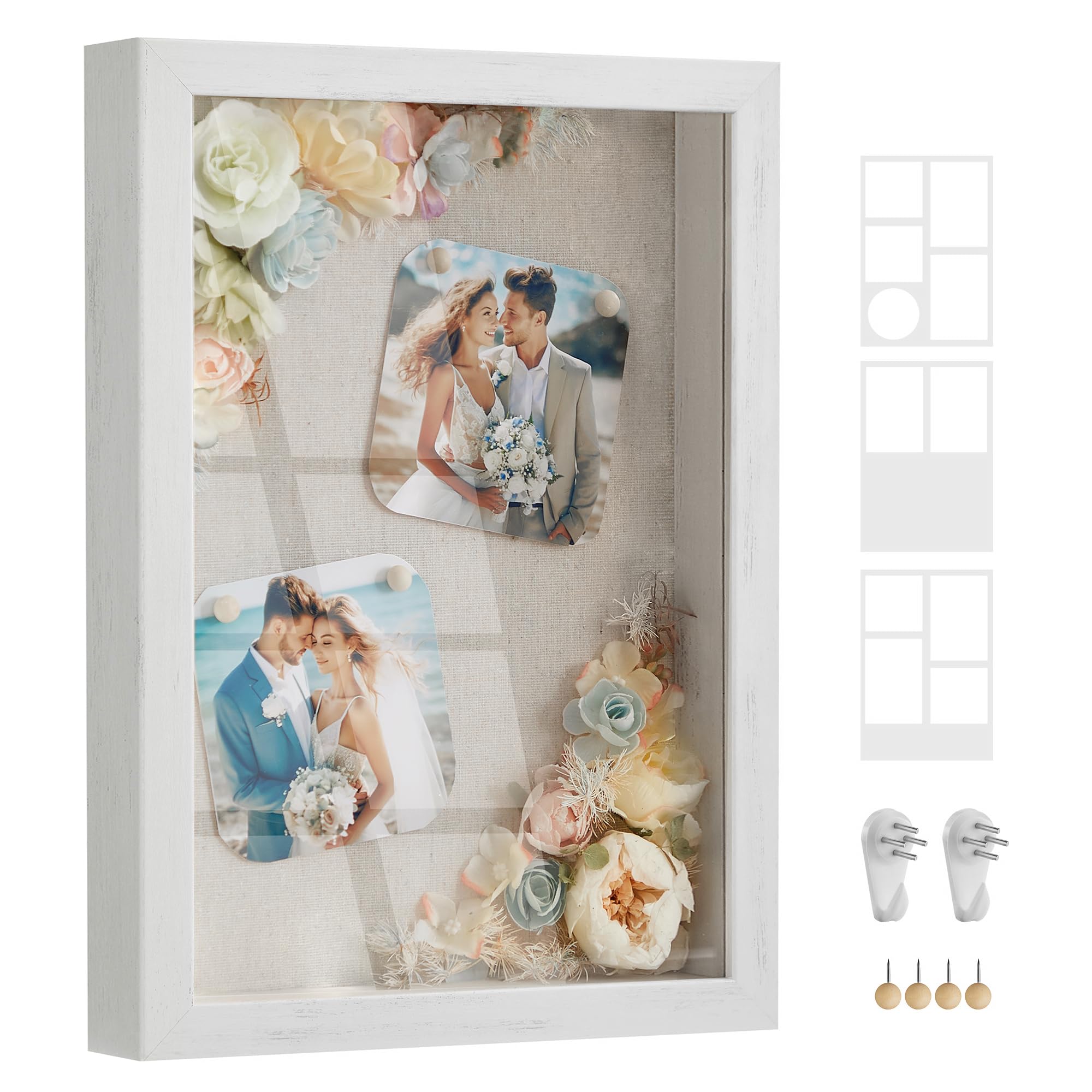 SONGMICS 1.3-Inch Deep Shadow Box Frame - Rustic White Display Case for Photos, Memorabilia & Wall Decor | Includes 4 Wood Push Pins, 3 Mats & 2 Non-Trace Nails | Perfect for Home Office, Living Room & Gift Giving