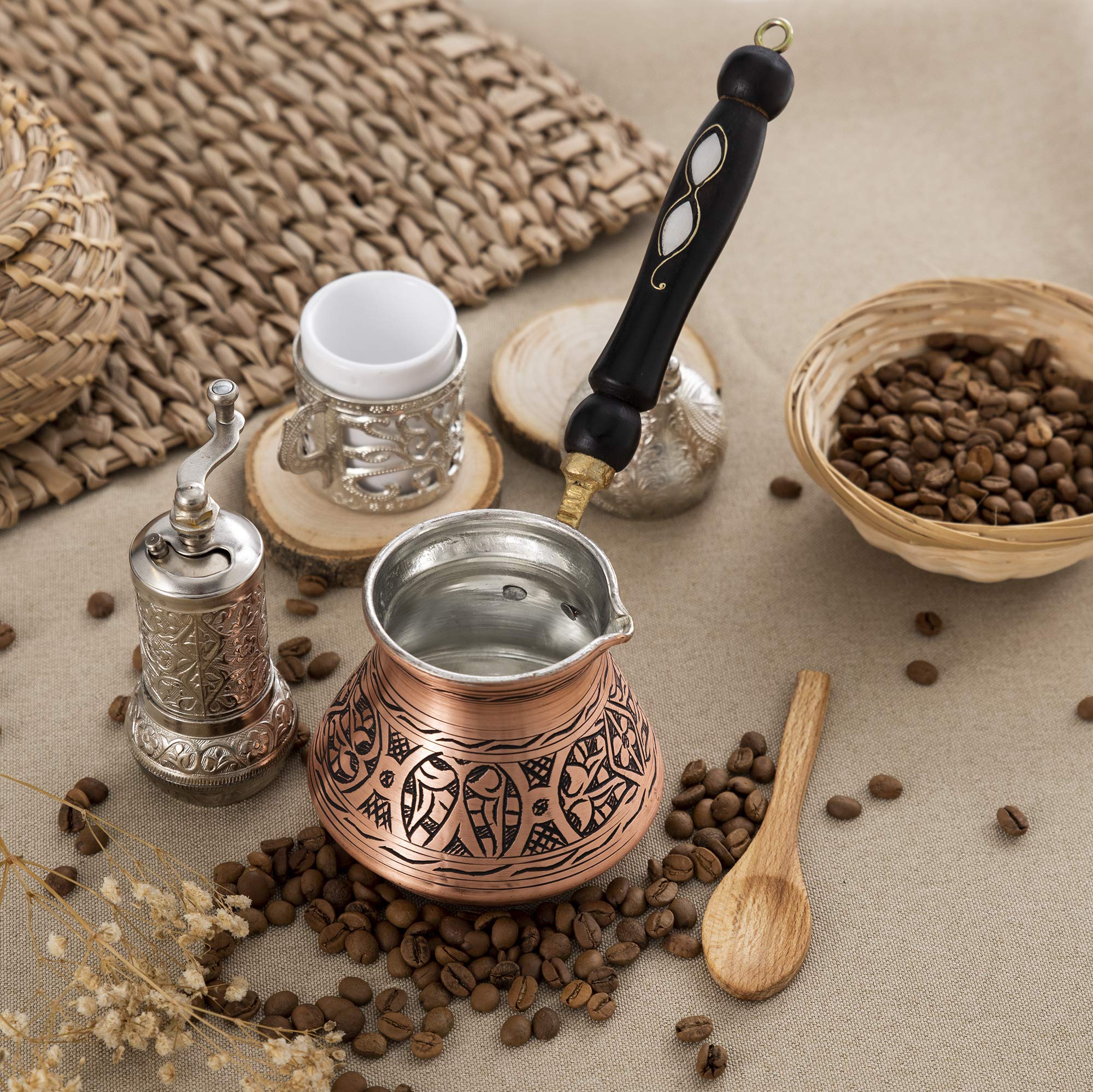 Premium Turkish Coffee Pot - Authentic Briki Greek & Arabic Copper Coffee Maker with Wooden Handle (18 oz) - Perfect for Home Brewing, Traditional Coffee Ceremonies & Gift Giving