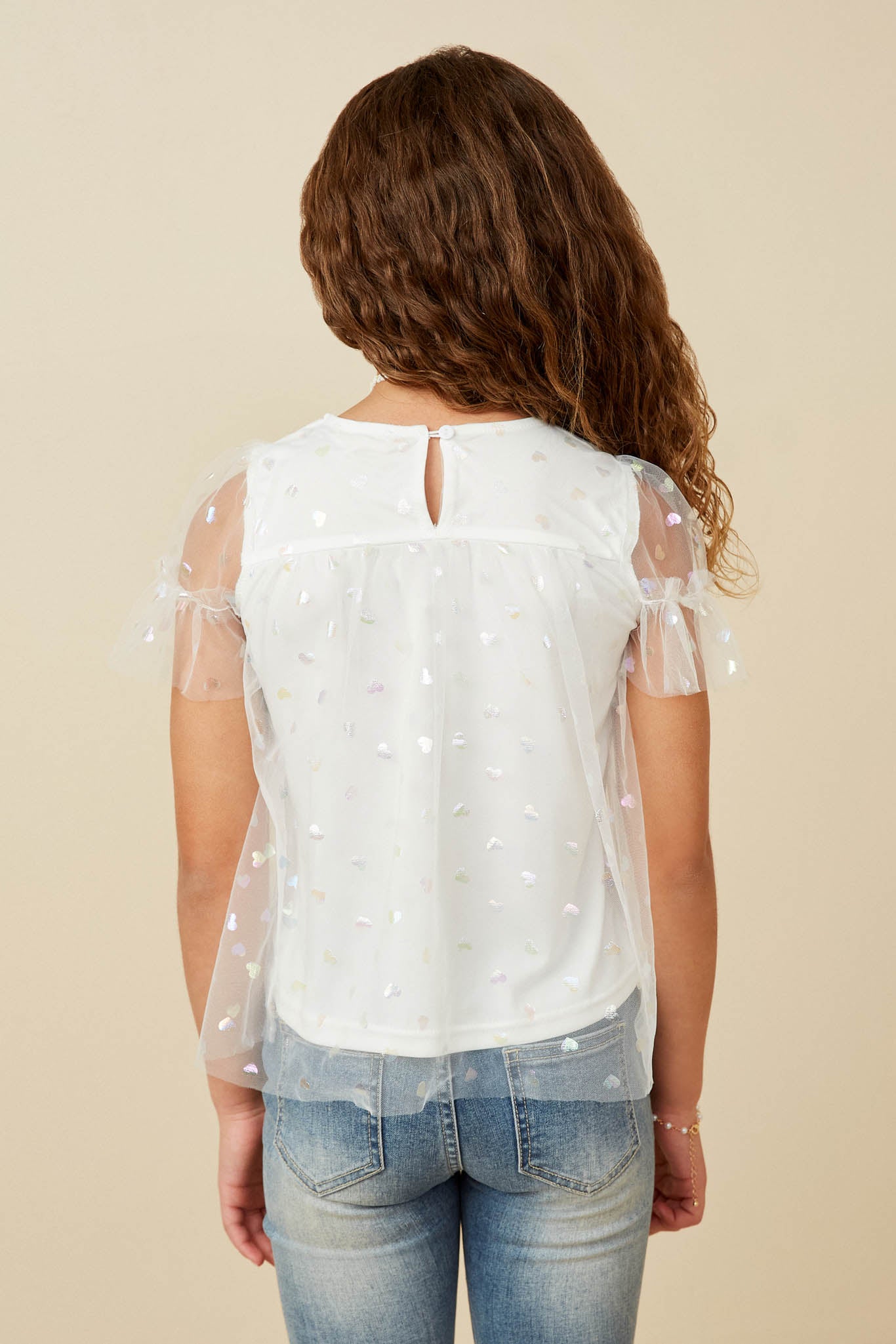 Shiny Metallic Heart Foiled Mesh T-Shirt for Women - Trendy Party Top for Night Out, Festival & Date Night