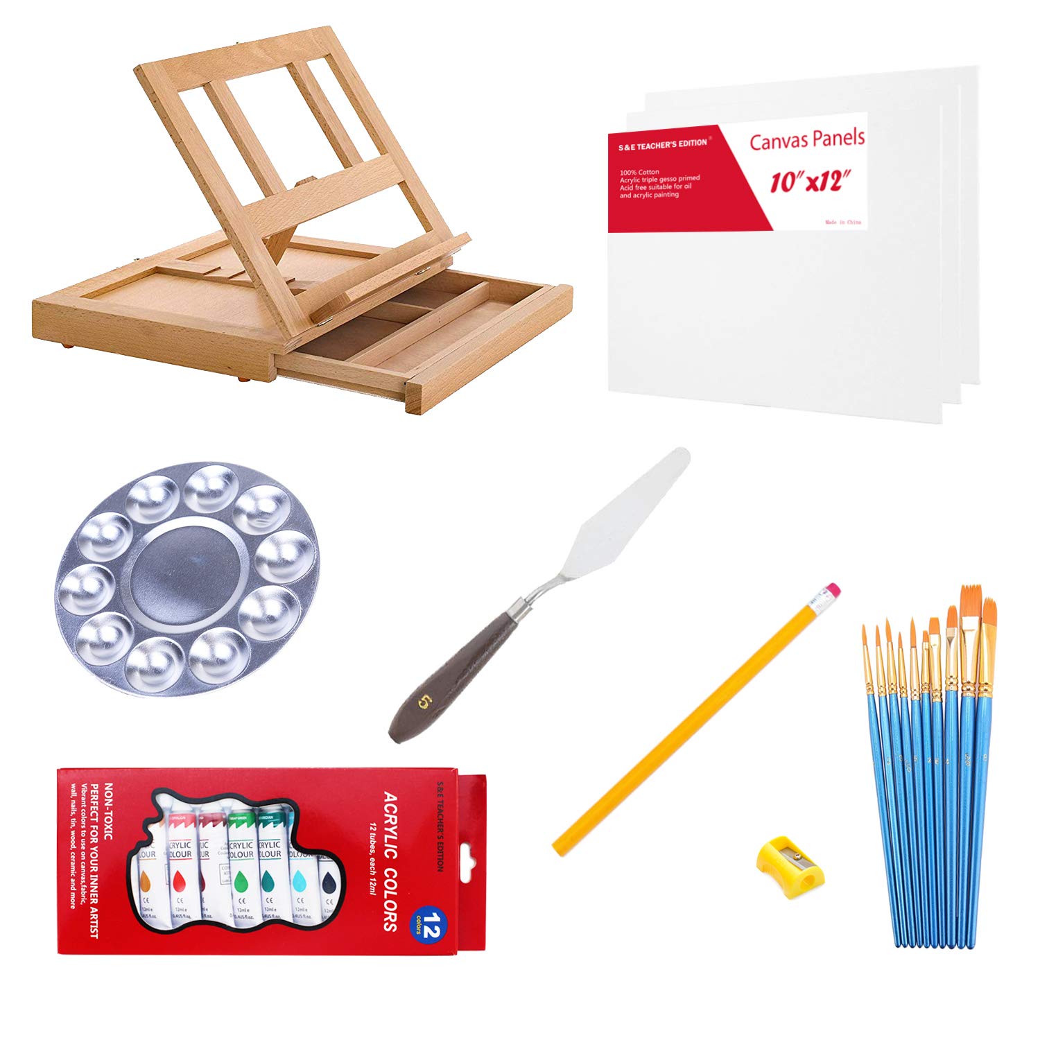 S & E TEACHER'S EDITION 30-Piece Wooden Box Easel Paint Set with 12 Vibrant Colors, 3 Canvas Panels, 10 Professional Brushes, Palette & Palette Knife - Perfect for Art Class, Painting Lessons & Creative Projects