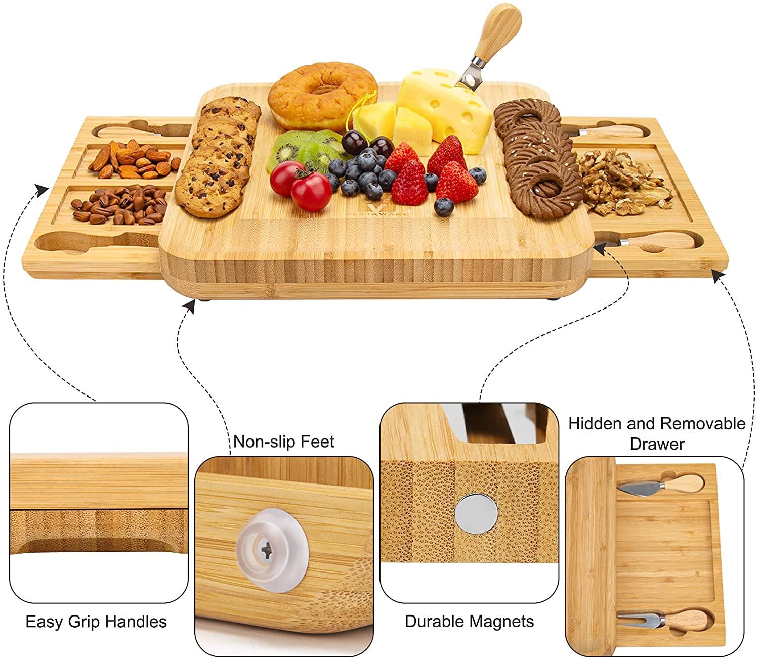 13-Inch Bamboo Cheese Board Set - Durable & Eco-Friendly Charcuterie Serving Tray for Wine Parties, Picnics & Entertaining