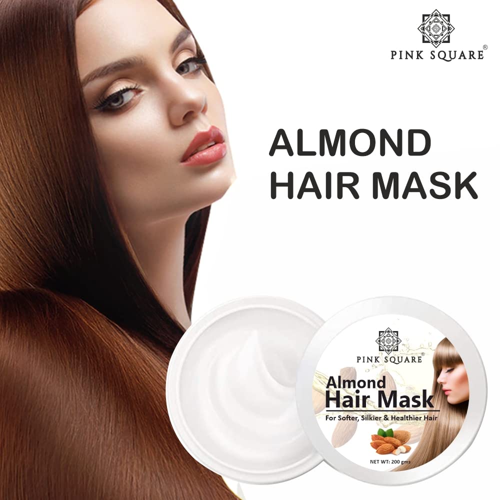 Pink Square Almond Protein Hair Mask - Deep Repair for Damaged & Rough Hair - Restores Softness & Natural Shine - Strengthens Hair - 200g Pack | Perfect for Dry, Frizzy & Chemically Treated Hair at Home Salon Treatments