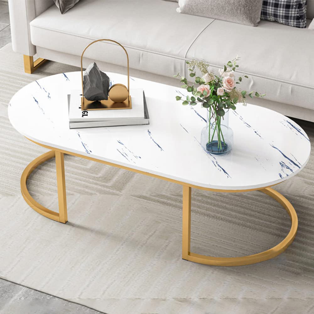 Modern Oval Faux Marble Coffee Table with Gold Metal Frame - 18