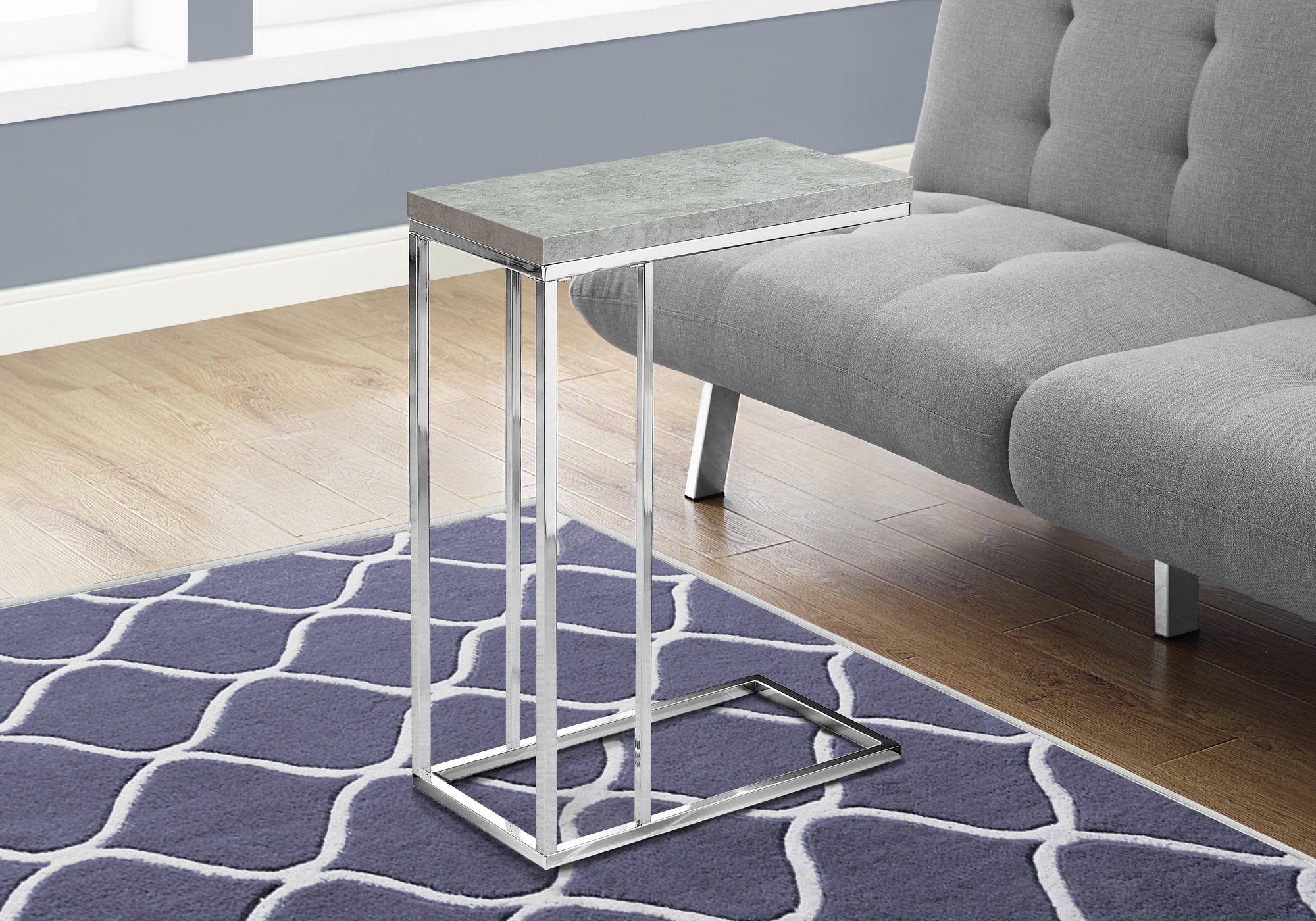 Modern Grey Cement Accent Table with Chrome Metal Legs - Perfect for Living Room, Bedroom, or Office Decor
