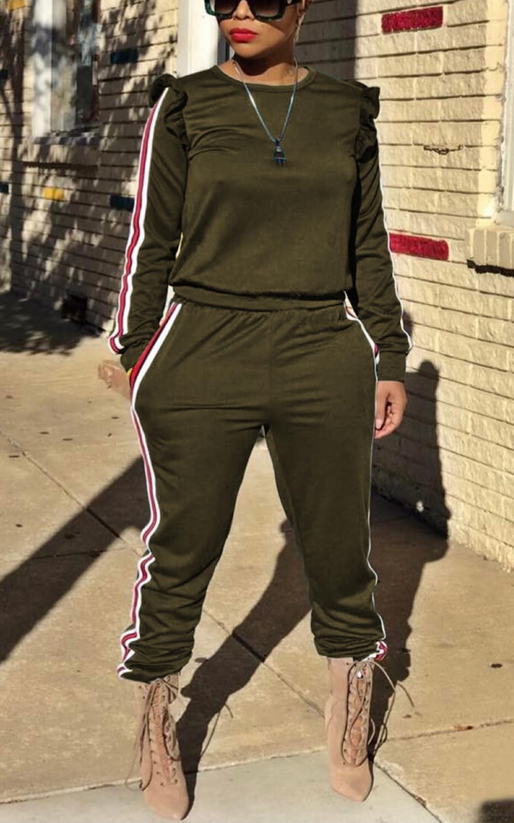 AKMIPOEM Women's 2-Piece Outfit - Ruffle Sleeve Sweatshirt & Jogger Pants Lounge Set | Casual Tracksuit for Workout, Yoga, Running & Streetwear Fashion