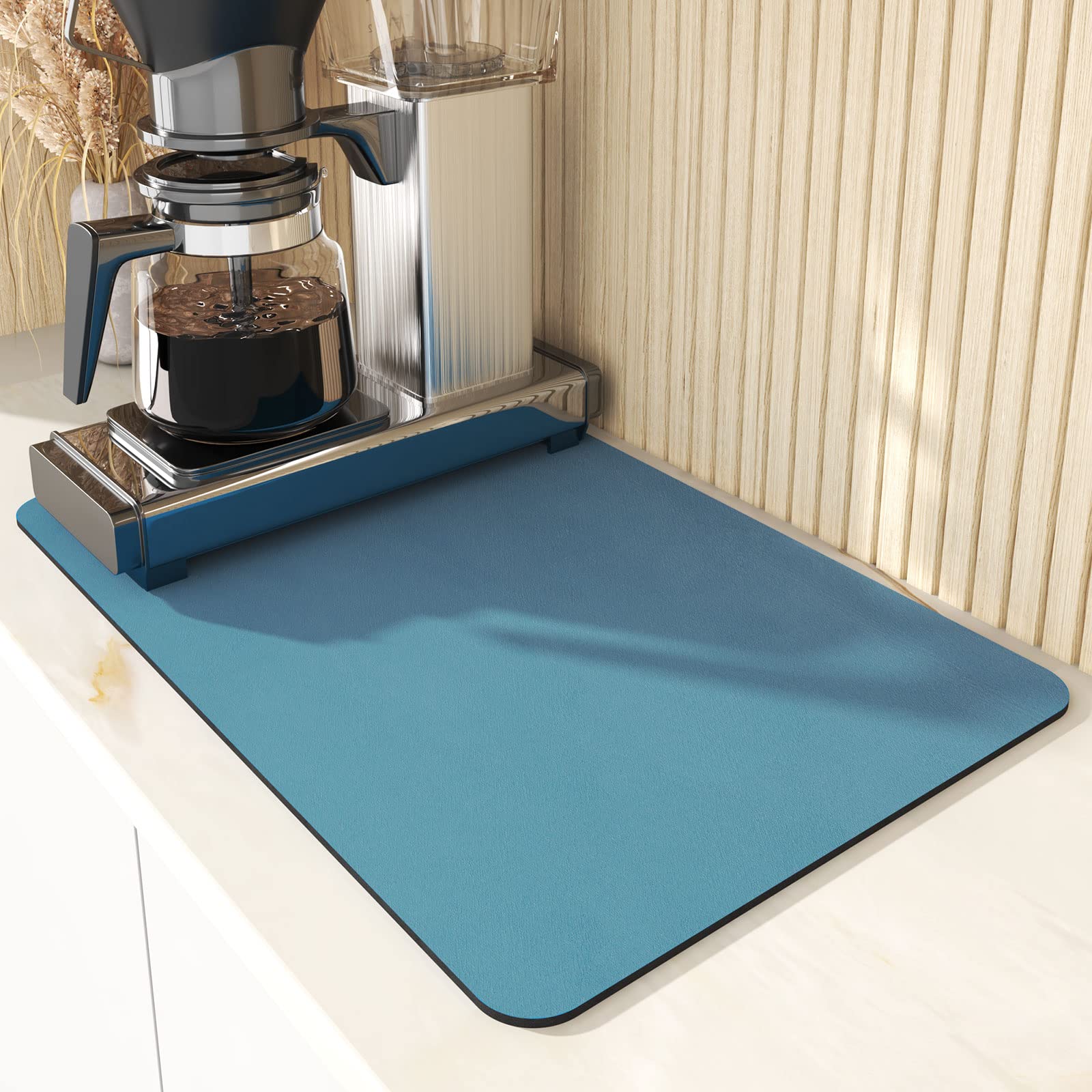 Super Absorbent Quick Dry Coffee Mat 20x16 Inch - Non-Slip Kitchen Counter Drying Mat for Coffee Maker, Espresso Machine & Coffee Grinder - Perfect for Coffee Bar, Kitchen Counter & Dining Table Decor (Blue)