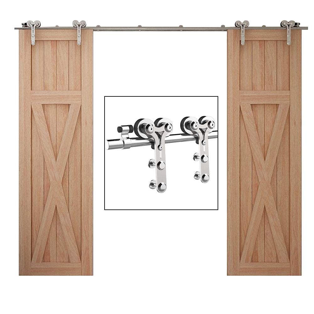 TSMST 8FT Heavy Duty Stainless Steel Sliding Barn Door Hardware Kit with Smooth & Quiet Y-Style Track System - for Double Wood Doors | Ideal for Bedroom, Closet, Farmhouse & Modern Home Renovations | Perfect for Space-Saving Interior Design & Rustic Decor