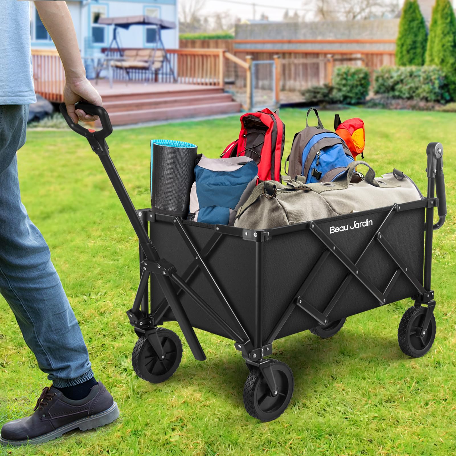 Beau Jardin Heavy Duty Collapsible Folding Wagon Cart - All Terrain Utility Cart for Beach, Camping, Grocery Shopping, Sports & Garden Use - Portable Push Pull Wagon with Durable Black Frame