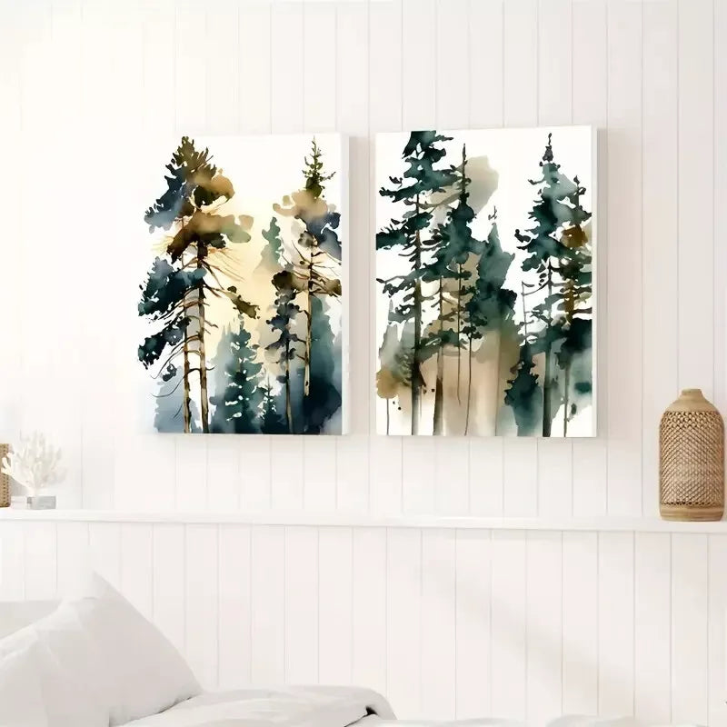 2-Piece Pine Trees Misty Forest Oil Painting Set - Framed 50x75cm High-Quality Canvas Print | Australian Made Wall Art | Ready to Hang | Perfect for Living Room, Bedroom & Office Decor