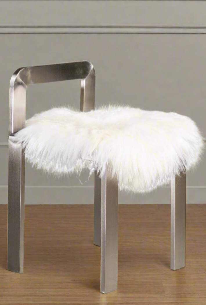 Tara Silver Metal Chair with Soft Sheepskin Pad - Modern Dining & Living Room Seating for Home & Office