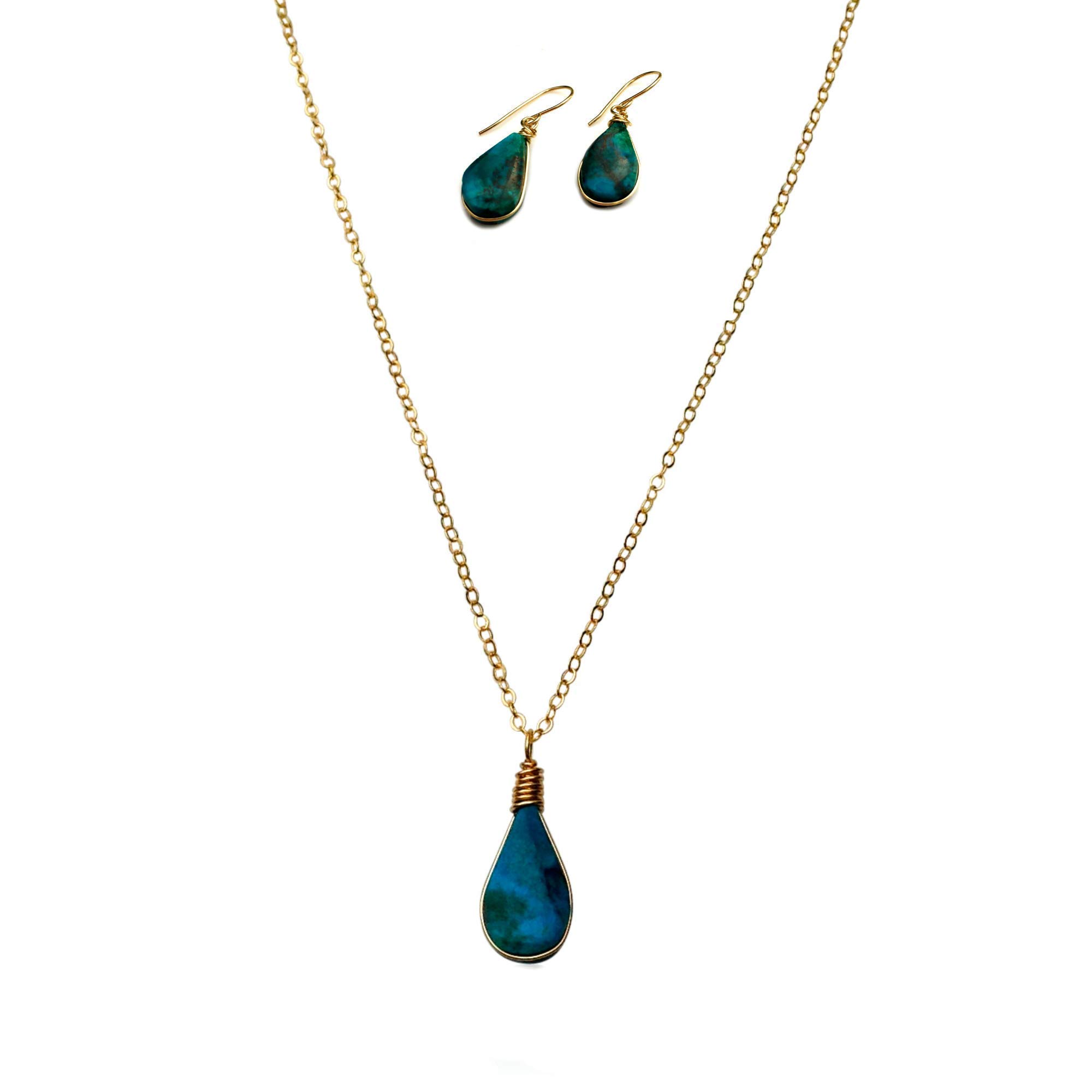 Handmade Chrysocolla Jewelry Set for Women - 14K Gold Filled Dainty Necklace & Teardrop Earrings | Healing Crystal Gift for Birthday, Meditation & Spiritual Healing | by Rumi Sumaq