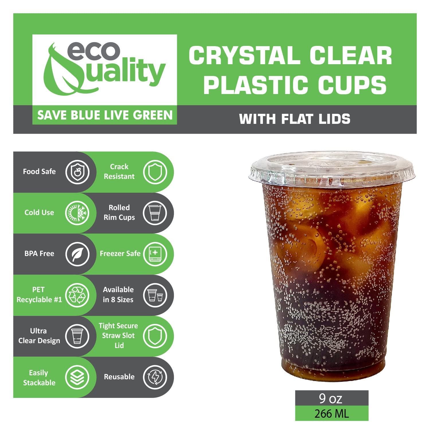 Clear Plastic Disposable Cups with Lids - 9oz PET Party Cups (500 Pack) | Crystal Clear Cold Drink Cups for Smoothies, Iced Coffee, Juice, Soda & Cocktails | Perfect for Home, Office, Cafes, Restaurants & Party Events