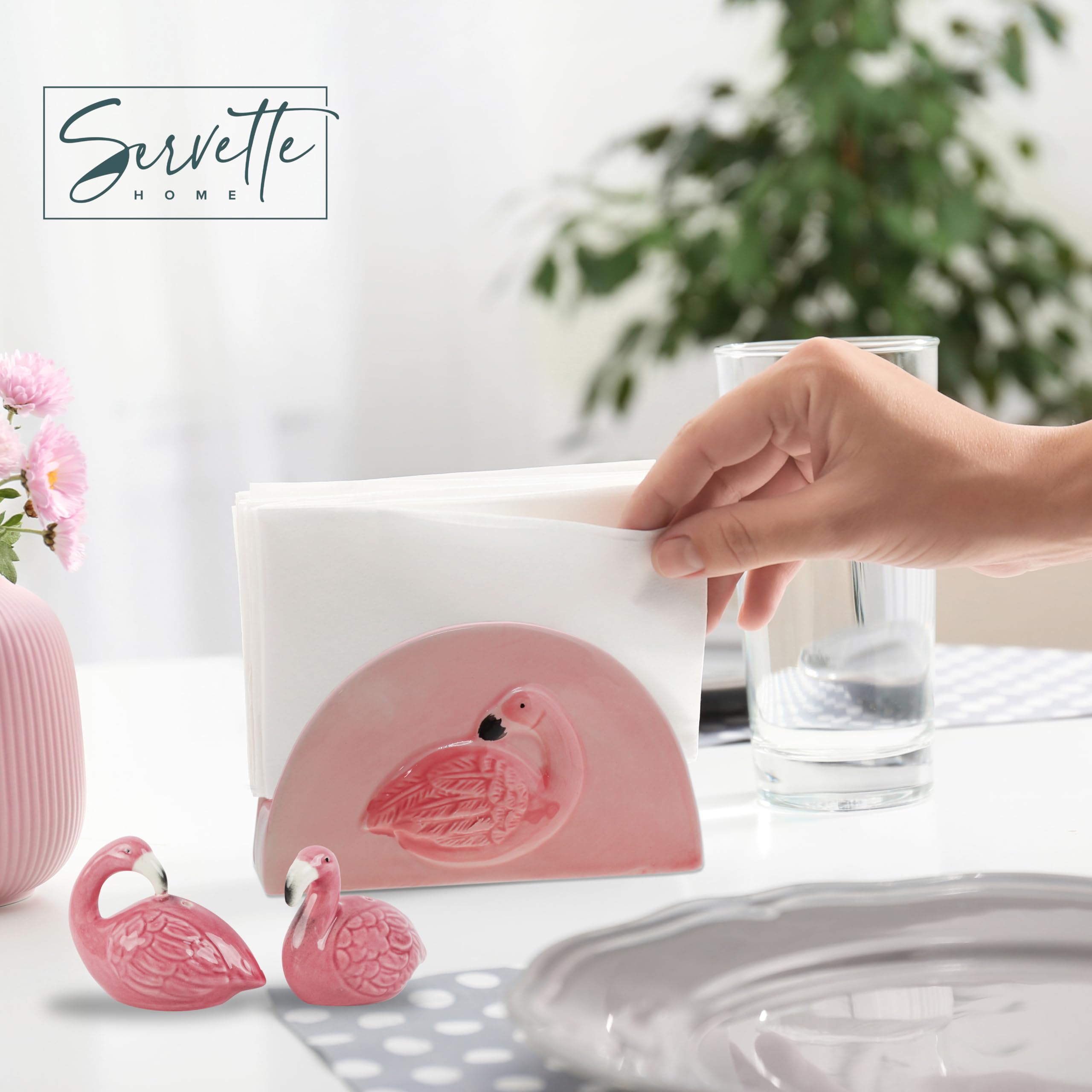 Pink Ceramic Flamingo Napkin Holder and Salt & Pepper Shakers Set - Tropical Kitchen & Dining Table Decor for Home, Party, and Outdoor Picnic