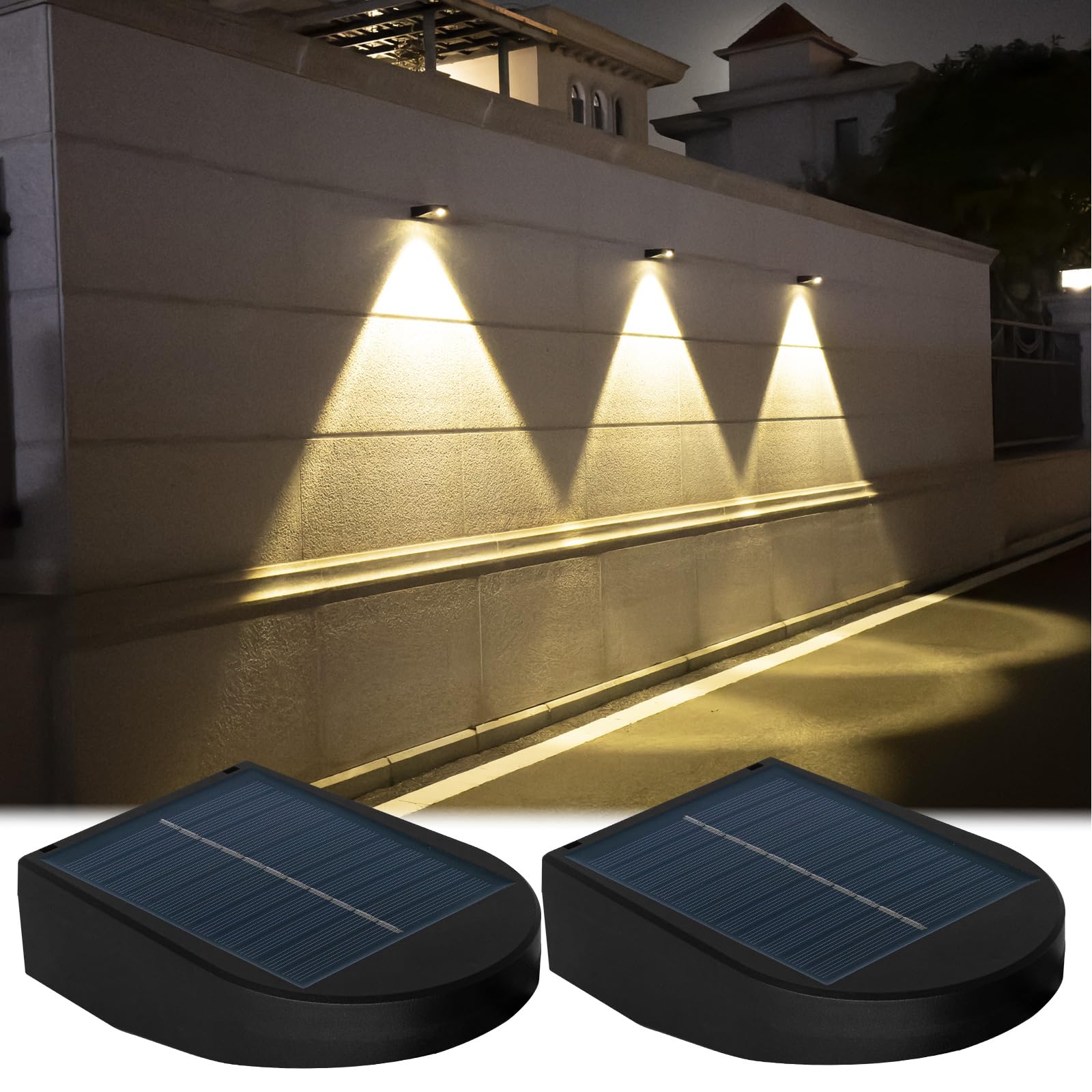 Solar Fence Lights Outdoor - Waterproof Solar Wall Sconce with Dusk to Dawn Sensor (Warm White, 2 Pack) - Perfect for House Numbers, Garage, Porch, Garden & Pathway Lighting