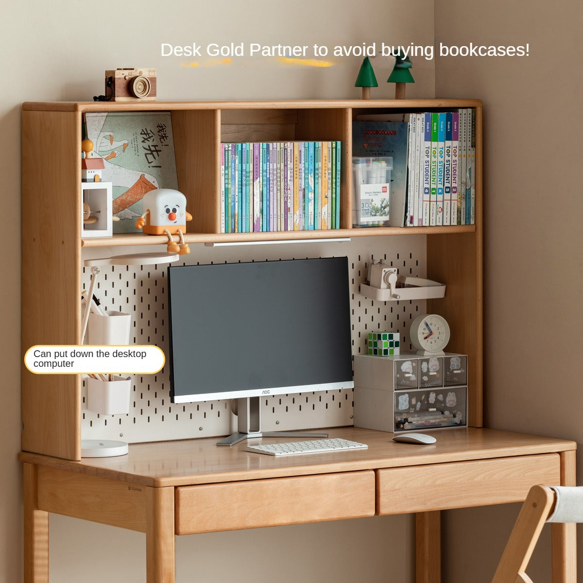 Solid Wood Study Desk with Shelf - Beech & Oak Wooden Writing Desk for Home Office, Study Room, or Library - Durable & Stylish Workspace Solution