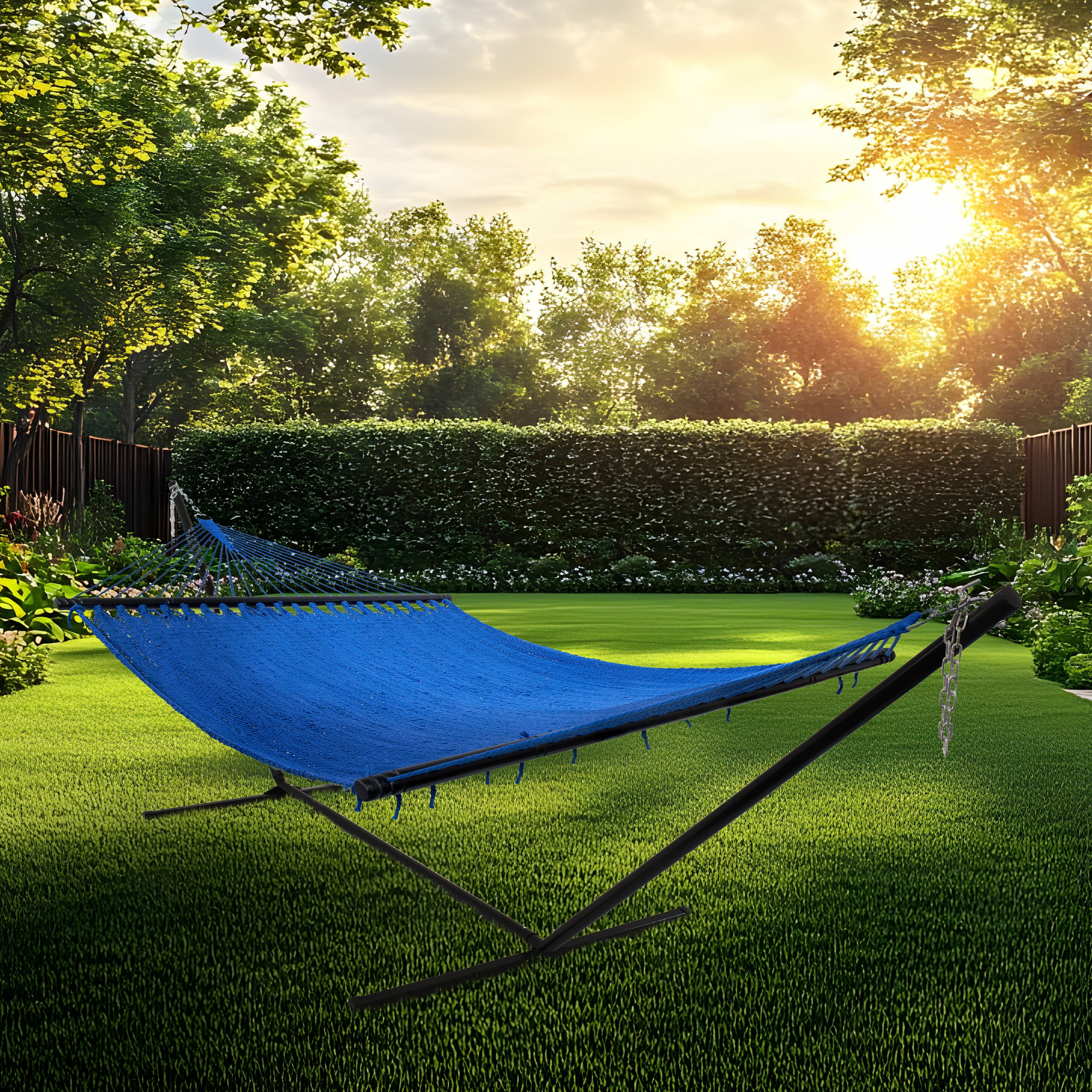 Sunnydaze 2-Person Soft Spun Polyester Rope Hammock with Stand - Portable Outdoor Hanging Bed for Patio, Backyard, Beach & Camping Relaxation
