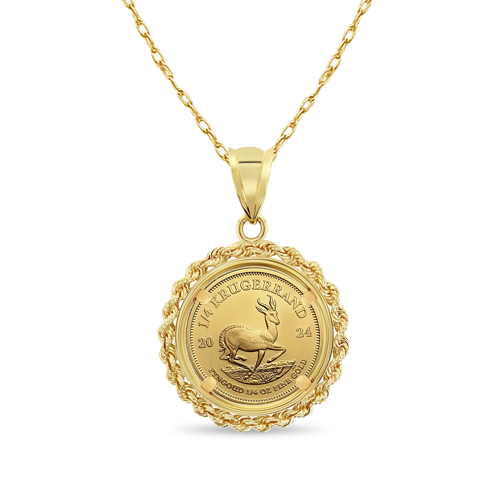 1/4 oz South African Krugerrand Coin Necklace with Rope Halo - Gold Bullion Jewelry for Men & Women, Perfect for Gifts, Investment & Fashion Accessories