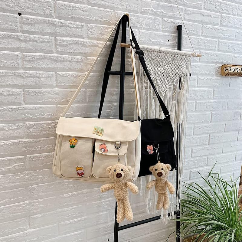 Stylish Canvas Crossbody Bag for Women & Girls - Cute Messenger Purse with Pins & Pendant - Fashionable Casual Shoulder Bag for School, Work & Travel
