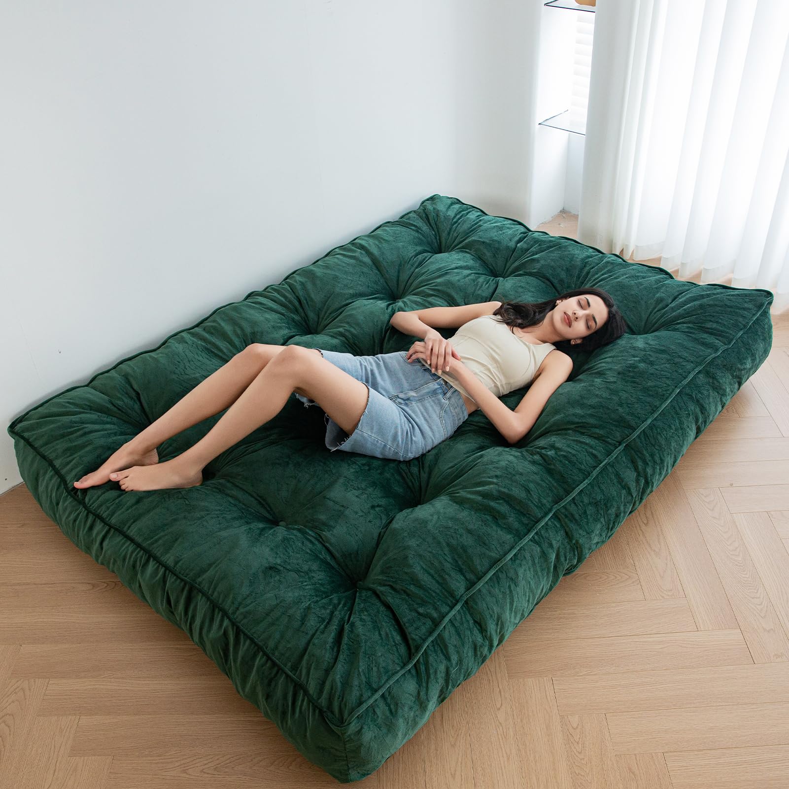MAXYOYO 8-Inch Thick Velvet Tufted Futon Mattress for Sofa Bed - Green (Mattress Only) | Comfortable Sleeping Solution for Adults, Perfect for Small Apartments, Guest Rooms & Dorm Rooms