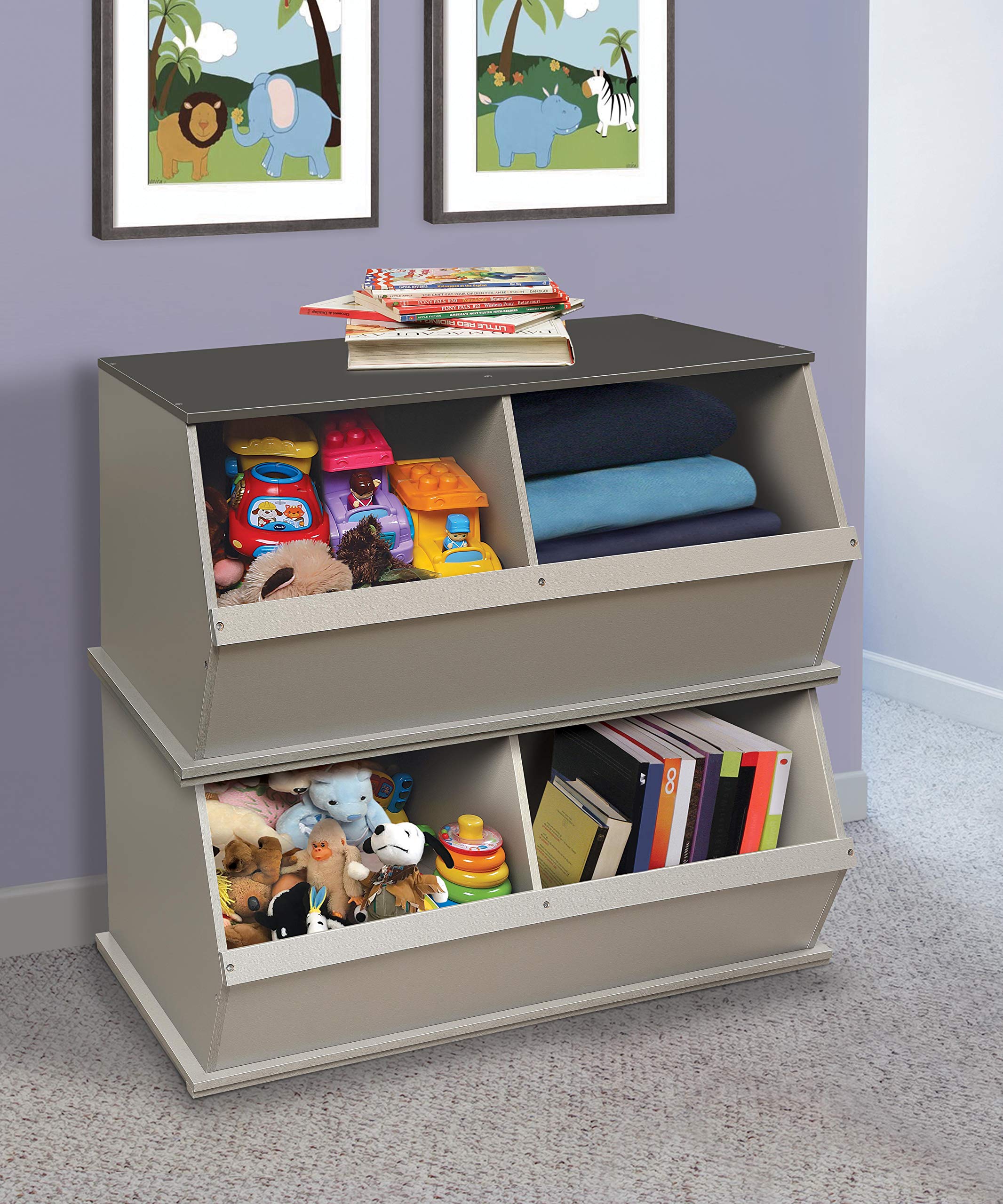 Badger Basket Two Bin Stackable Toy Storage Organizer - Woodgrain & Gray | Kids Room Organization, Playroom Storage, Nursery Toy Bins