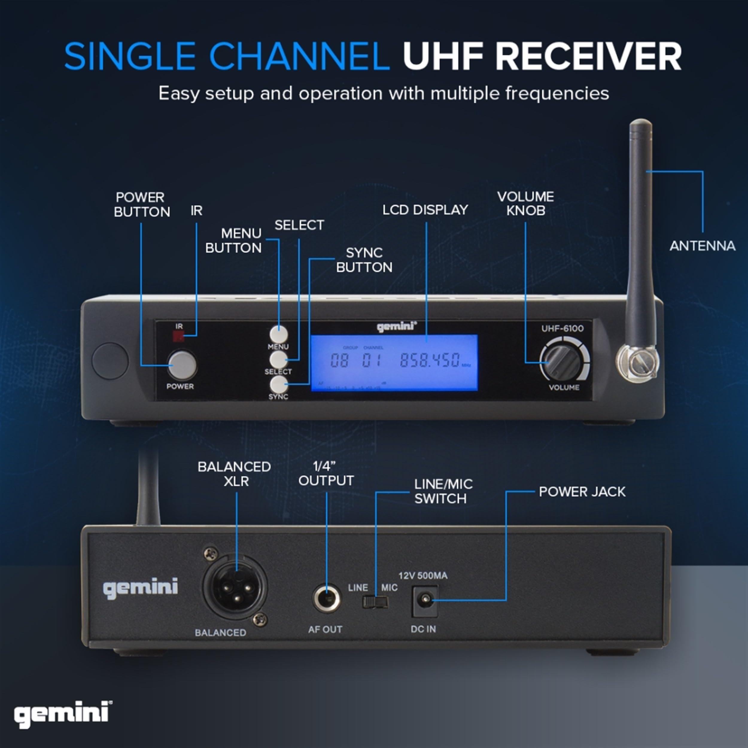 Gemini Sound UHF-6100HL Professional Wireless Microphone System - 256 Channel UHF Receiver with Headset & Lavalier Mic, 240ft Range, LCD Display, Crystal Clear Audio for Performers, Instructors & Public Speakers - Perfect for Live Performances, Presentations, Teaching & Events