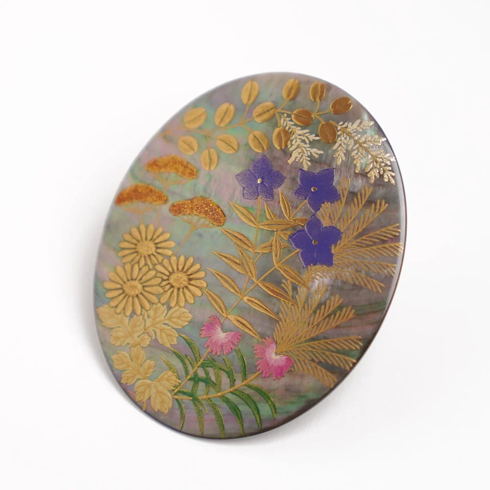 Handcrafted Japanese Maki-e Urushi Lacquer Brooch with Black Lip Oyster Pearl Shell - Autumn Flower Design - Traditional Artisan Jewelry for Women - Perfect for Formal Occasions & Cultural Events