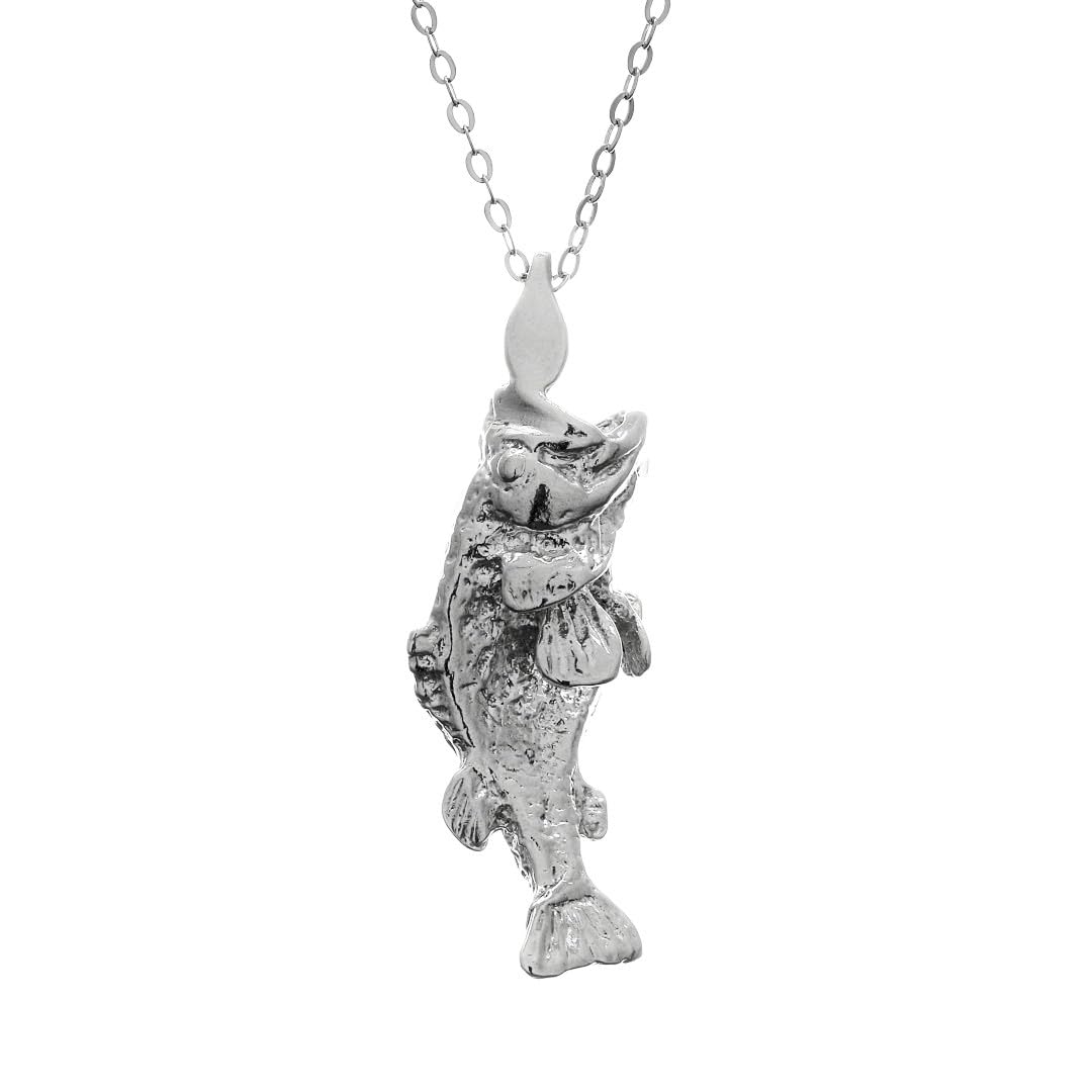 925 Sterling Silver Large Mouth Bass Pendant Necklace - 22