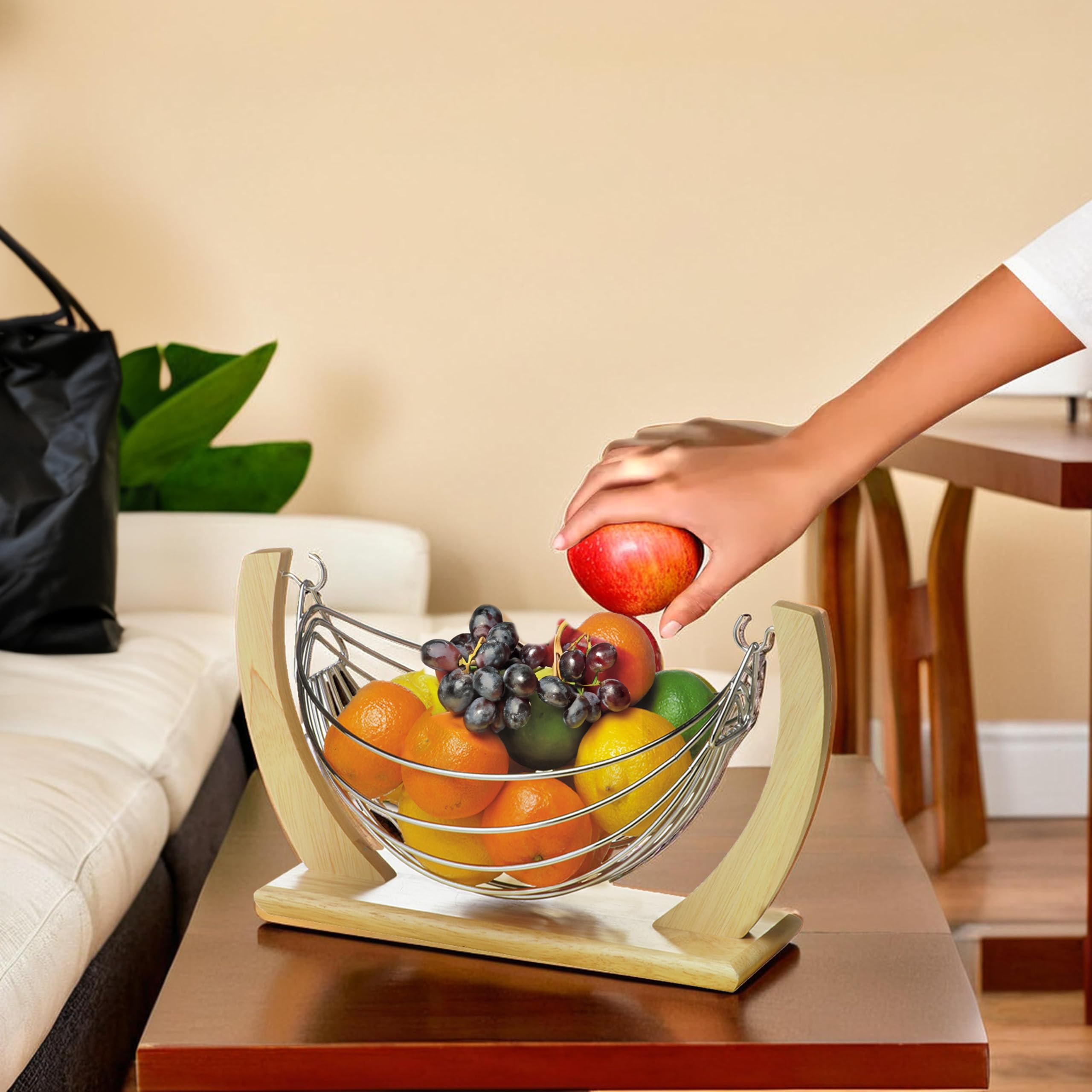 Premium Small Fruit Hammock - Natural Rubber Wood & Chrome Kitchen Storage - Perfect for Organizing Bananas, Apples, and Produce in Pantry, Countertop, or Dorm Room