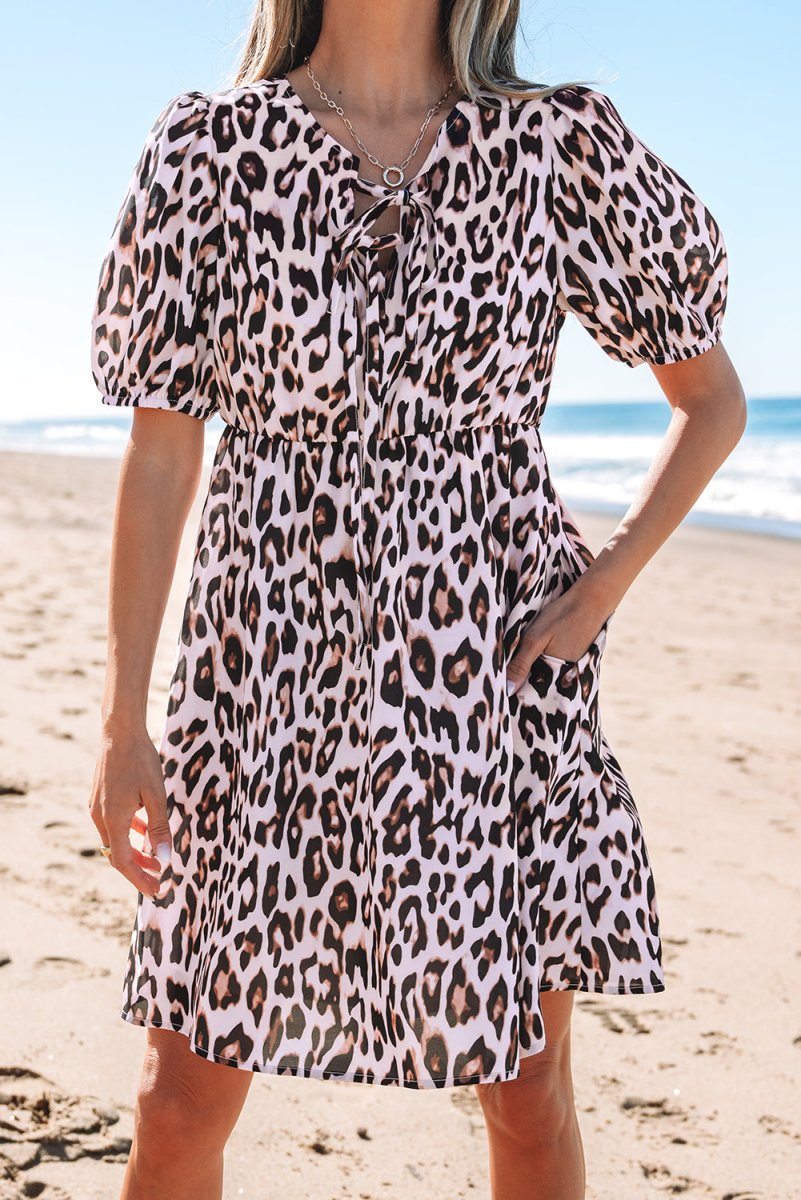 Brown Leopard Print Tie Front Keyhole Puff Sleeve Mini Dress for Women - Sexy Party Outfit, Clubwear & Date Night Fashion