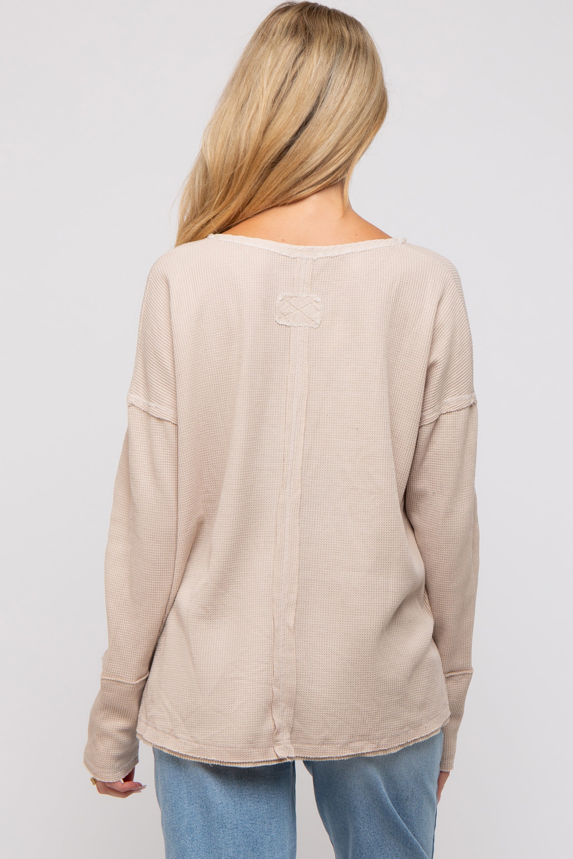 Beige Waffle Knit Maternity Henley Top - Soft Stretch Nursing Shirt for Pregnant Women | Comfortable Breastfeeding & Pregnancy Clothes for Everyday Wear