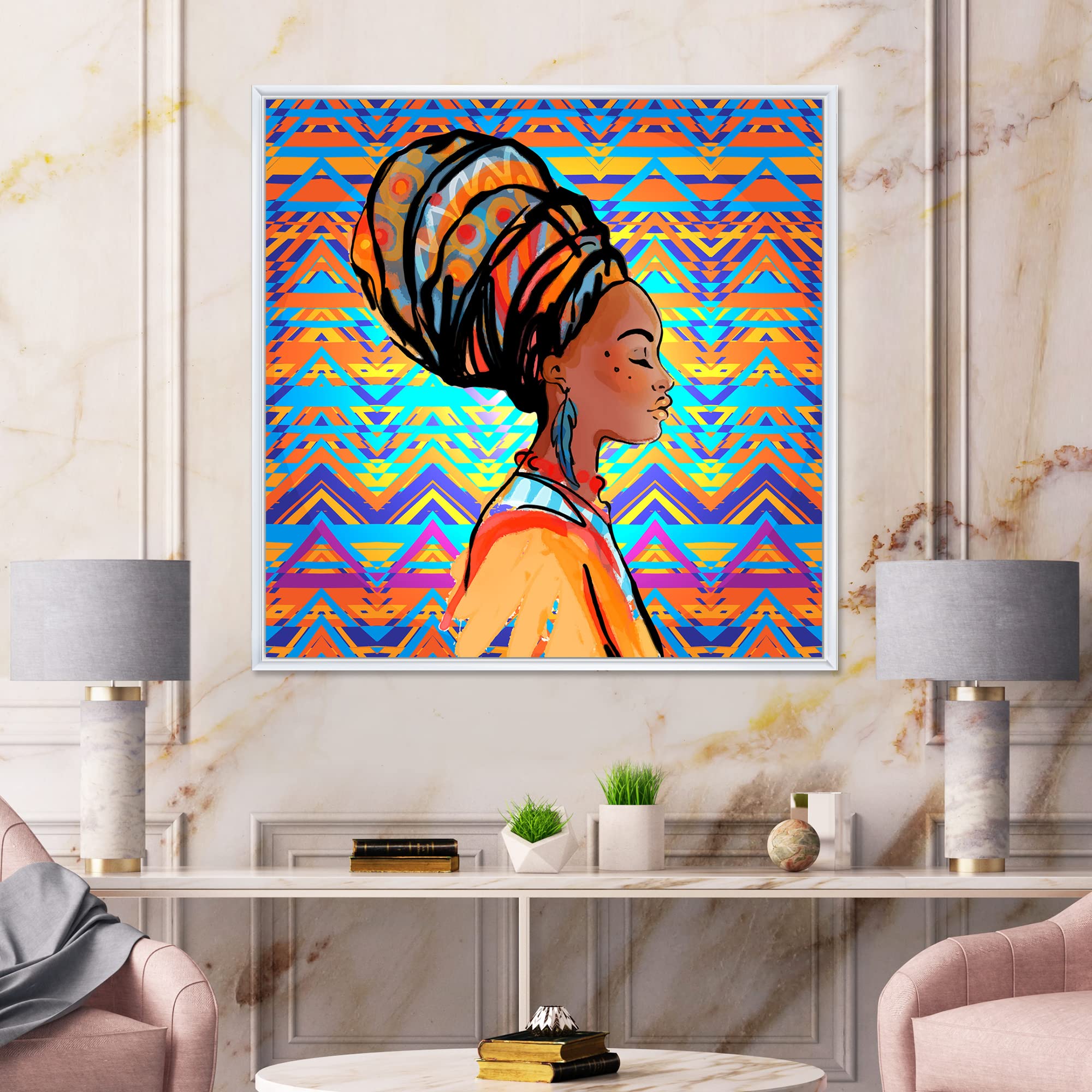 African American Woman with Turban IV - Modern Framed Canvas Wall Art Print for Living Room, Bedroom & Office Decor | Black Artwork for Home & Gifts