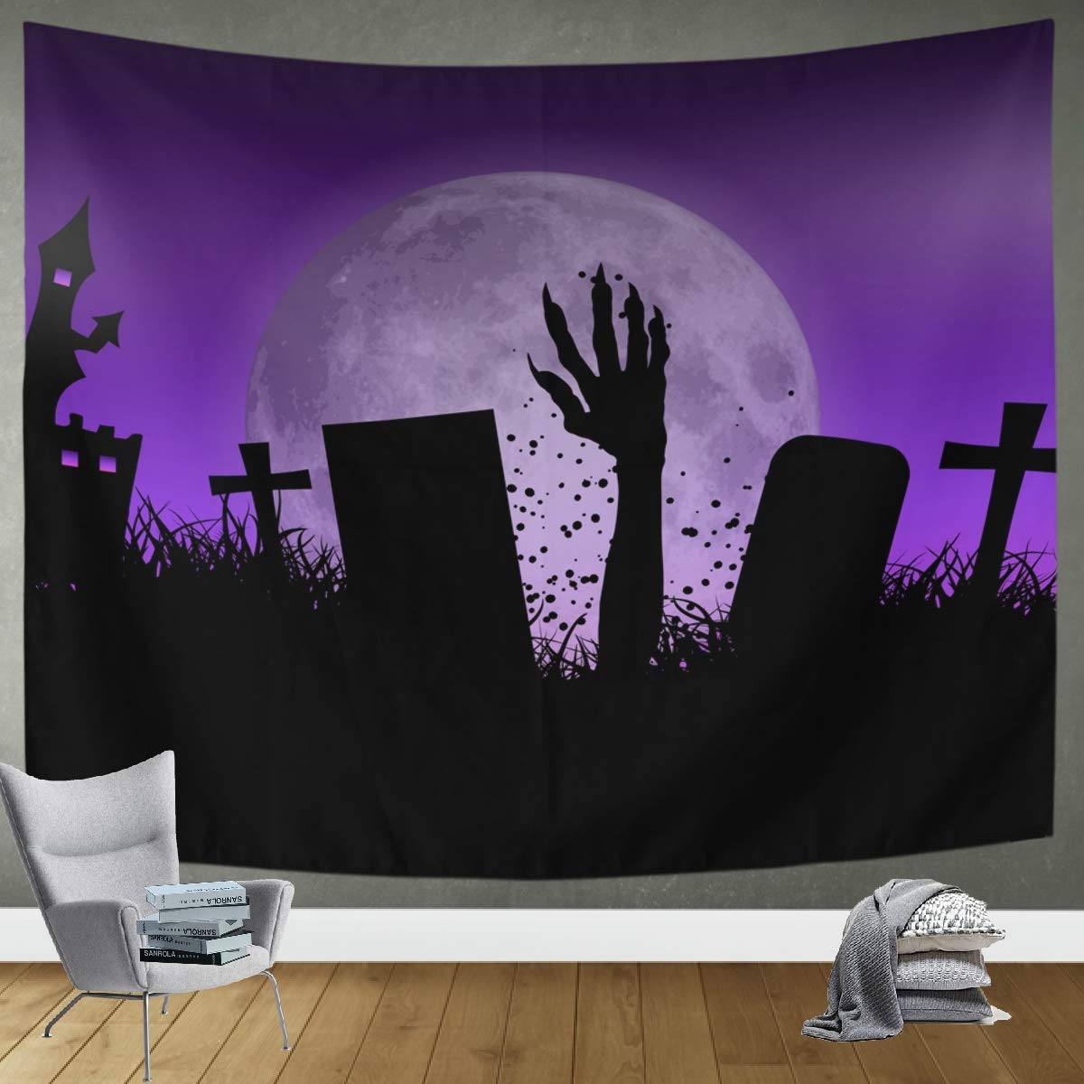 DOMIKING Halloween Wall Tapestry - Zombie Horror Landscape Wall Art for Bedroom & Living Room Decor, 60x51 Inch Trippy Wall Hanging Blanket | Perfect for Halloween Party Decorations, Dorm Room, and Spooky Home Decor