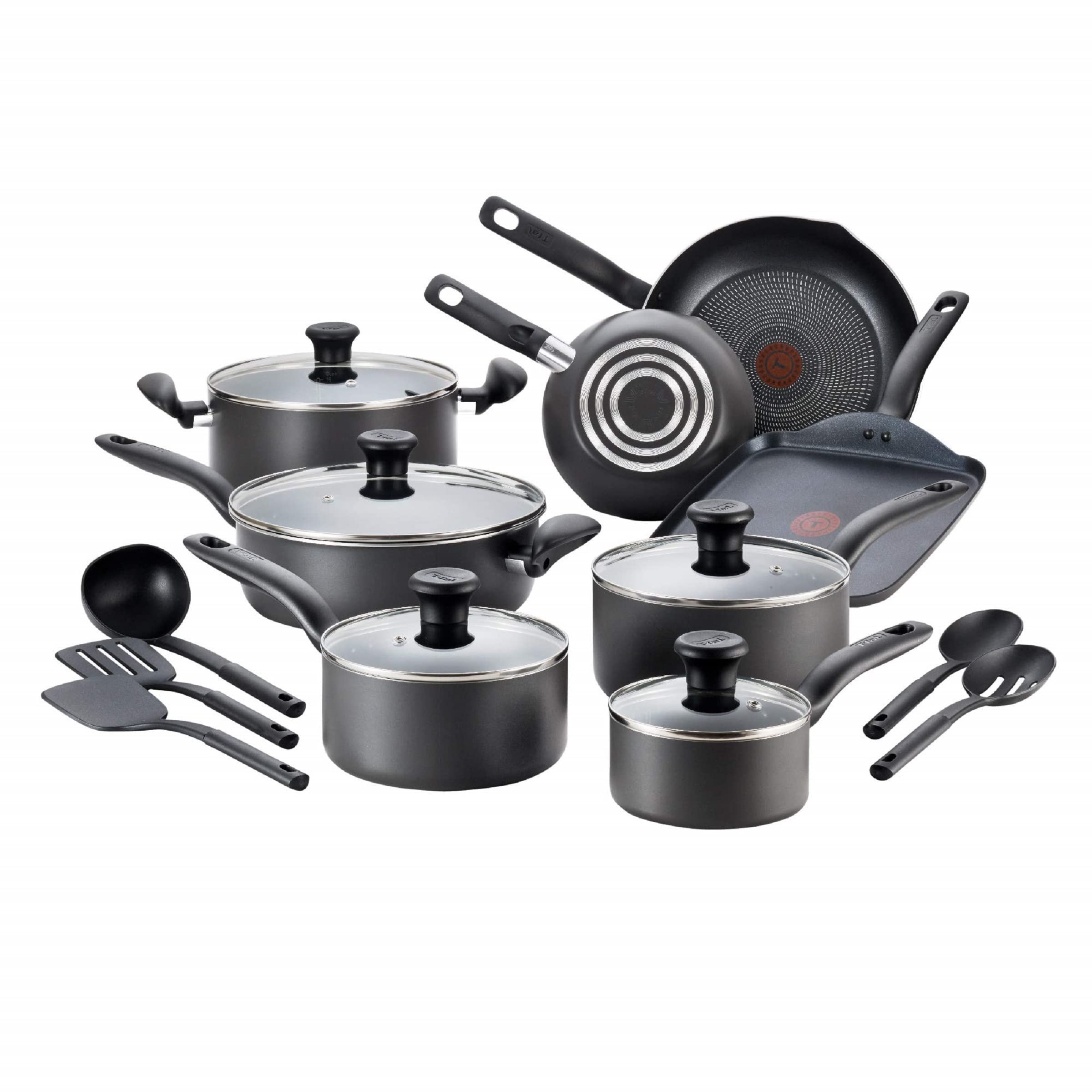 T-fal 18-Piece Nonstick Cookware Set - Oven & Broiler Safe to 350°F - Black Kitchen Pots & Pans Set with Fry Pans, Saucepans, Stockpots, Skillet, Cooking Utensils & Lids - Dishwasher Safe - Perfect for Family Cooking, Meal Prep & Entertaining