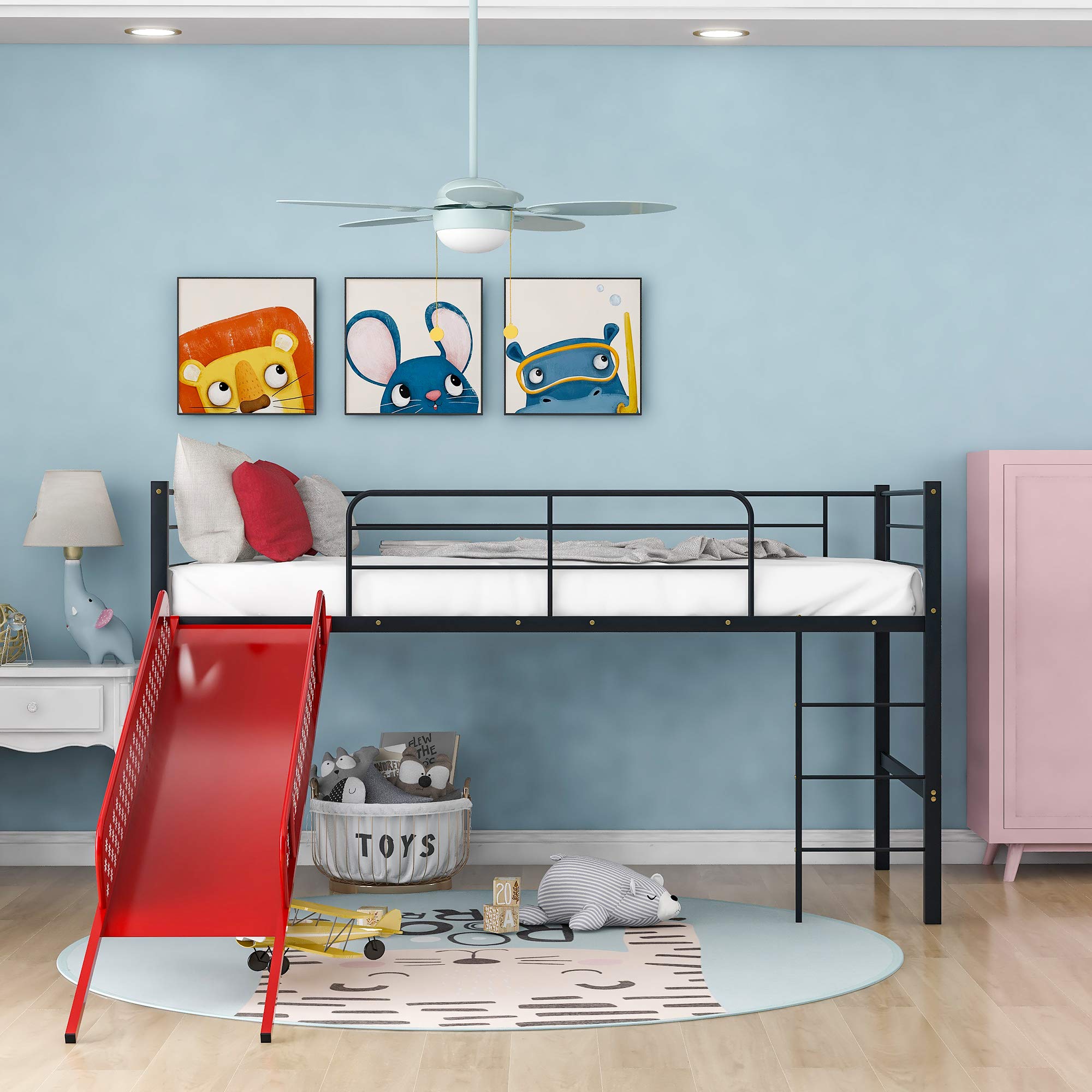 **Kids Twin Loft Bed with Slide - Sturdy Metal Low Loft Bed, Built-in Ladder & Safety Guard Rail, Multifunctional Space-Saving Design, No Box Spring Required (Red) - Perfect for Small Bedrooms, Playrooms & Dorm Rooms**