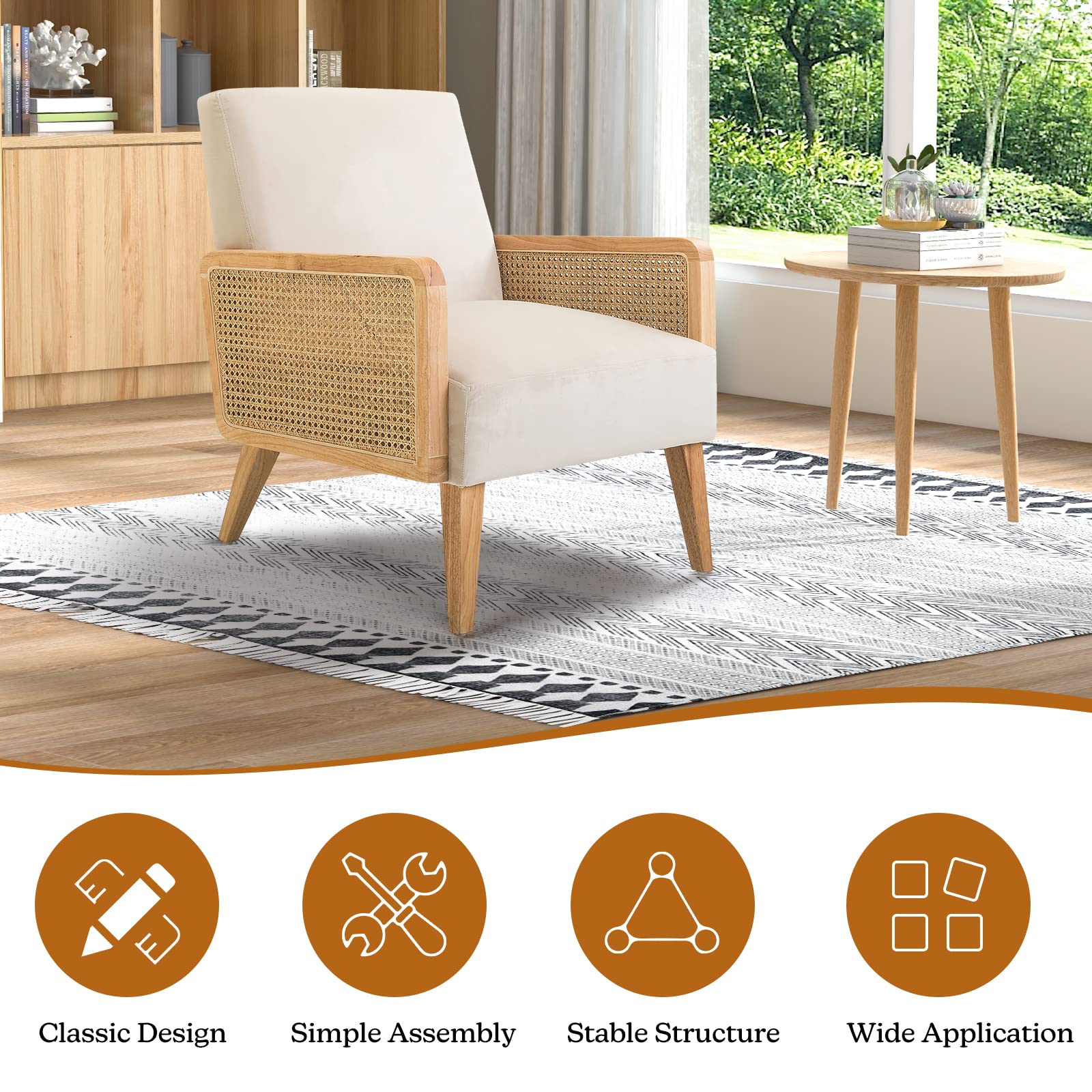 Mid Century Modern Accent Chair with Rattan Armrest & Wood Legs - Comfy Upholstered Lounge Armchair for Living Room, Bedroom, Reading Nook - Beige Home Decor | Perfect for Hosting Guests & Relaxing