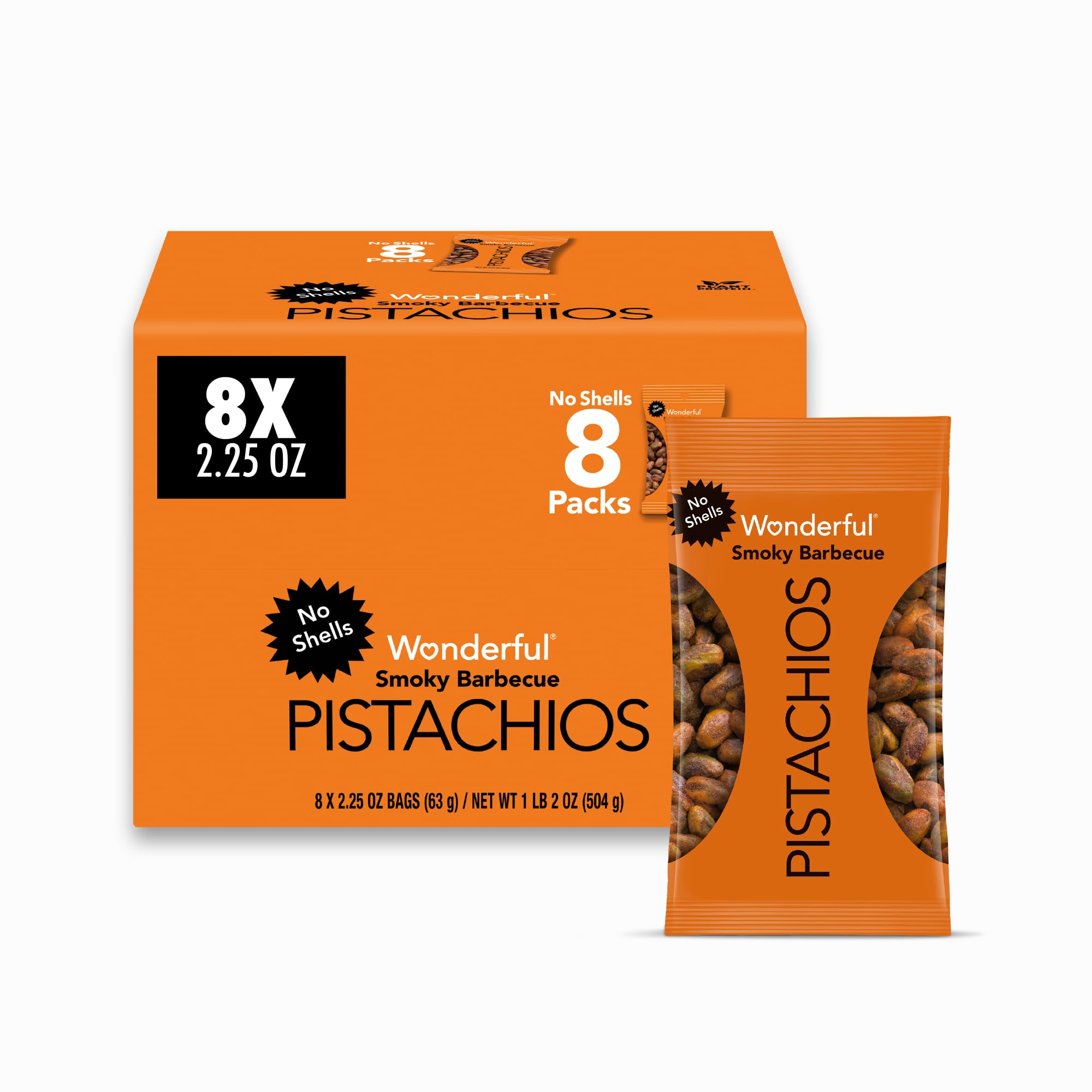 Wonderful Pistachios No Shells, Smoky BBQ Flavor, 2.25oz Bags (Pack of 8) – High Protein Healthy Snacks for Travel, Hiking, Office & On-the-Go Nutrition
