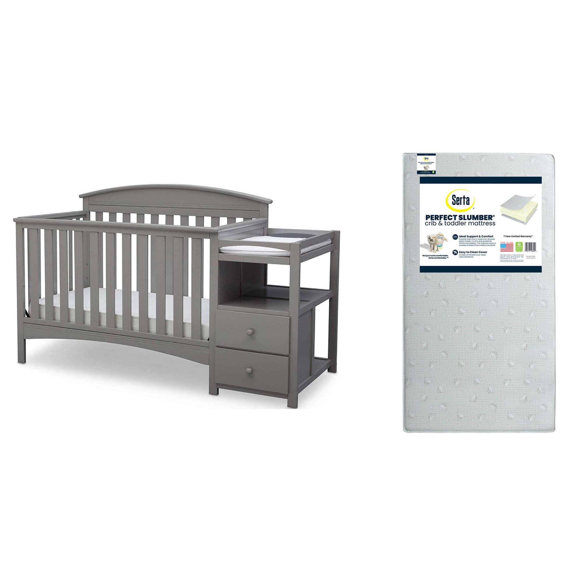 Delta Children Abby Convertible Crib 'N' Changer with Serta Perfect Slumber Mattress - Grey Nursery Set for Baby & Toddler | 4-in-1 Convertible Crib, Changing Table & Toddler Bed | Eco-Friendly Dual-Sided Mattress | Perfect for Nursery Decor & Baby Shower Gifts
