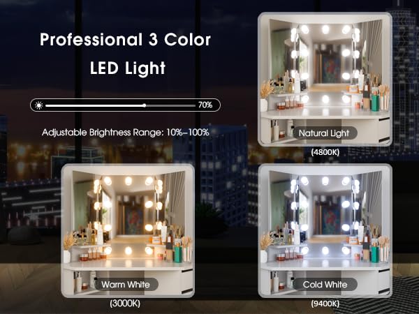 White Vanity Desk with Mirror & LED Lights - 5-Drawer Makeup Dressing Table for Women & Girls | Perfect for Bedroom, Dorm Room, and Small Spaces