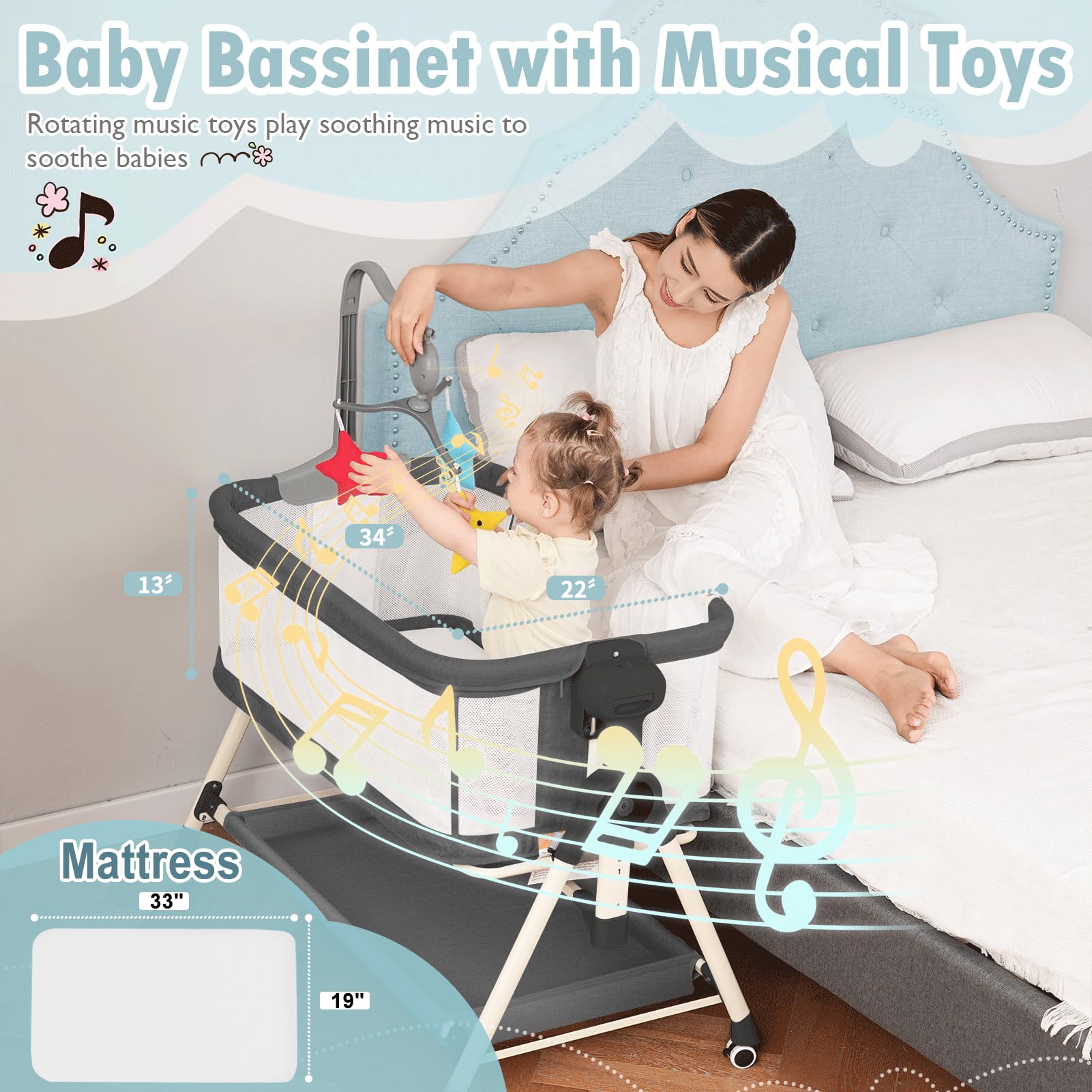 **3-in-1 Adjustable Baby Bassinet with Musical Toys, Storage Basket & Wheels – Portable Rocking Crib for Newborns – Bedside Sleeper for Nursery & Travel (Black)**    *(Perfect for Co-Sleeping, Nighttime Feeding & On-the-Go Parents)*